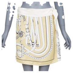 HERMES 100% silk Equestrian Bridle cream silk print wrap skirt FR36 S