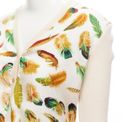 HERMES 100% silk feather print beige ribbed cotton cropped cardigan FR42 L