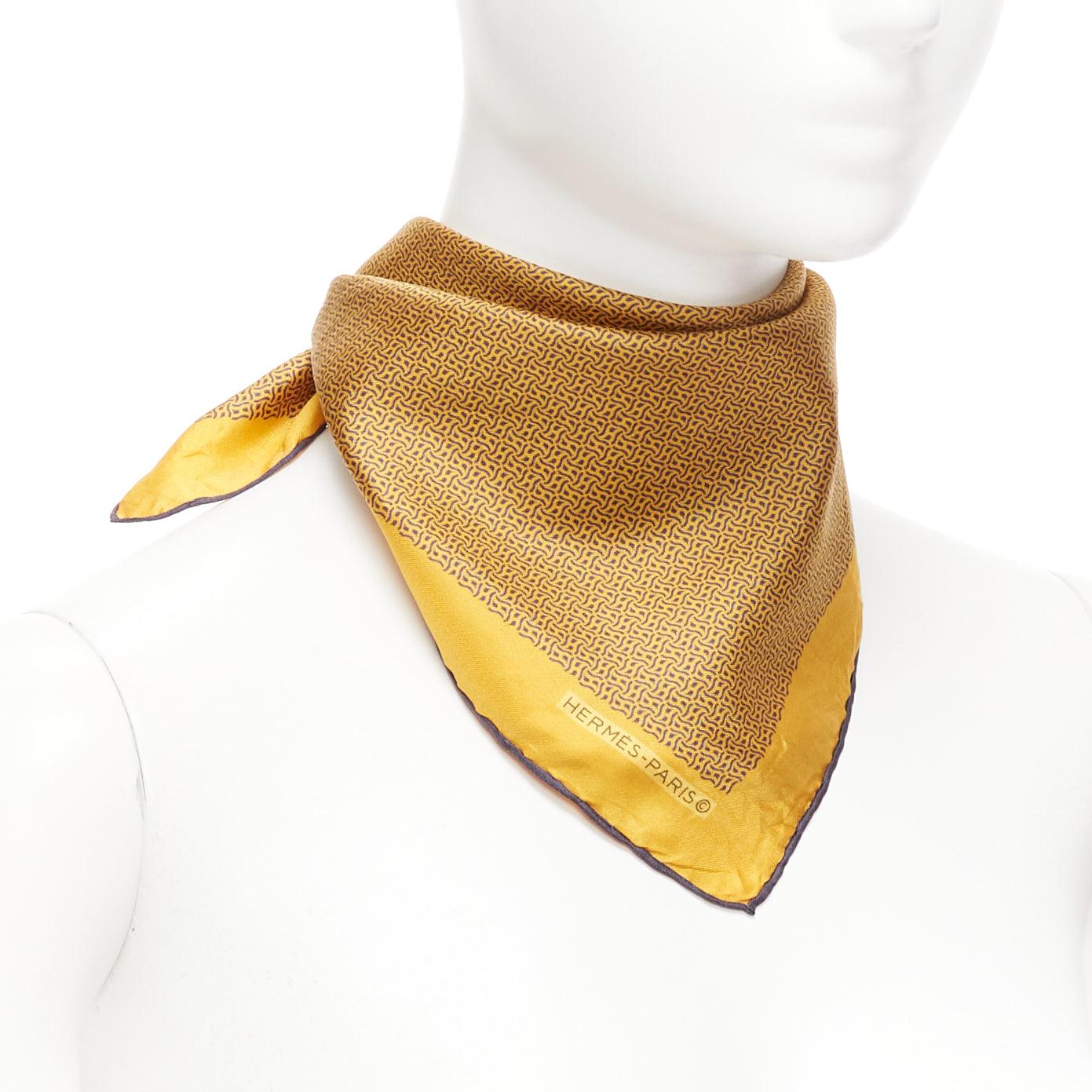HERMES 100% silk golden yellow H logo geometric print navy trim square scarf In Good Condition In Hong Kong, NT