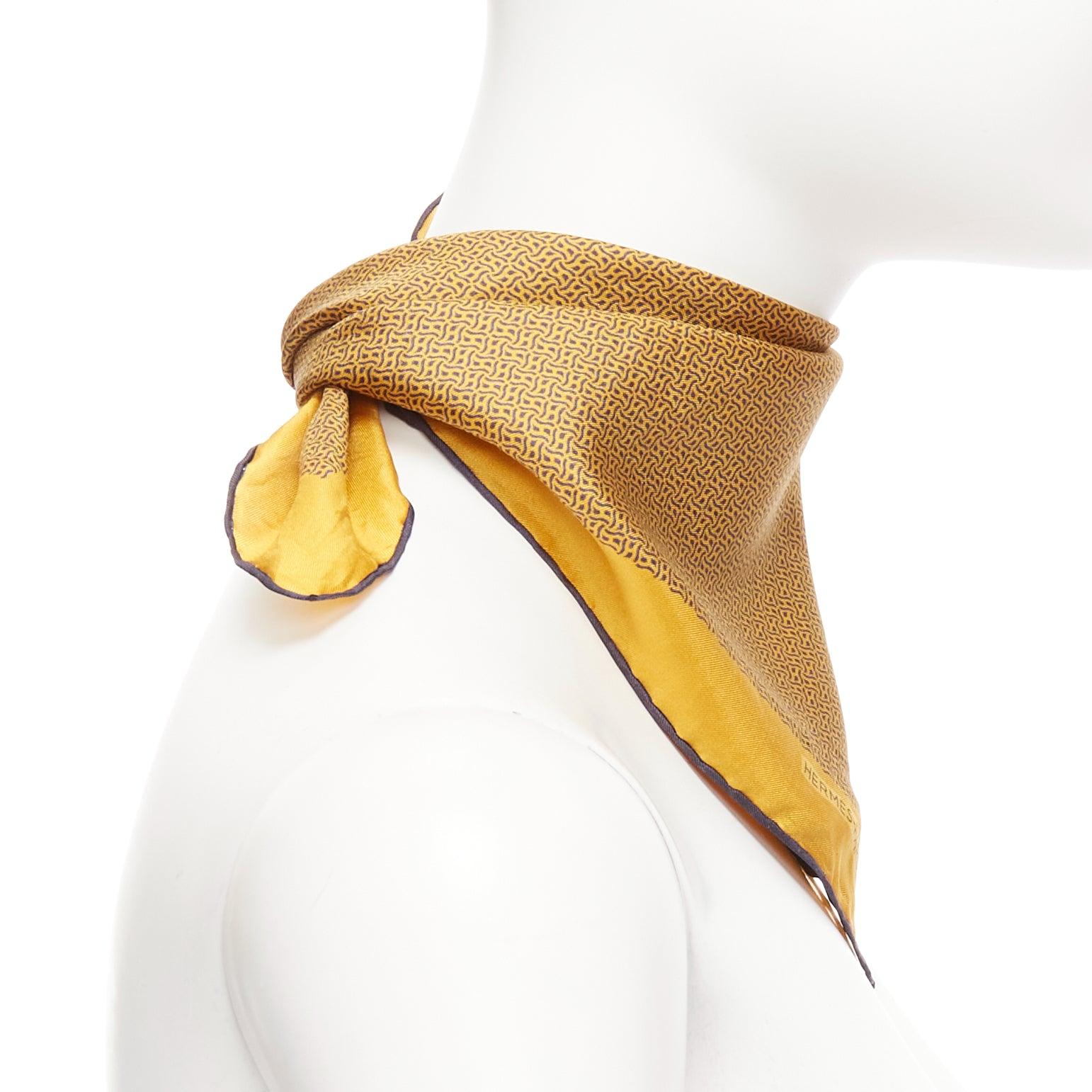 Women's or Men's HERMES 100% silk golden yellow H logo geometric print navy trim square scarf