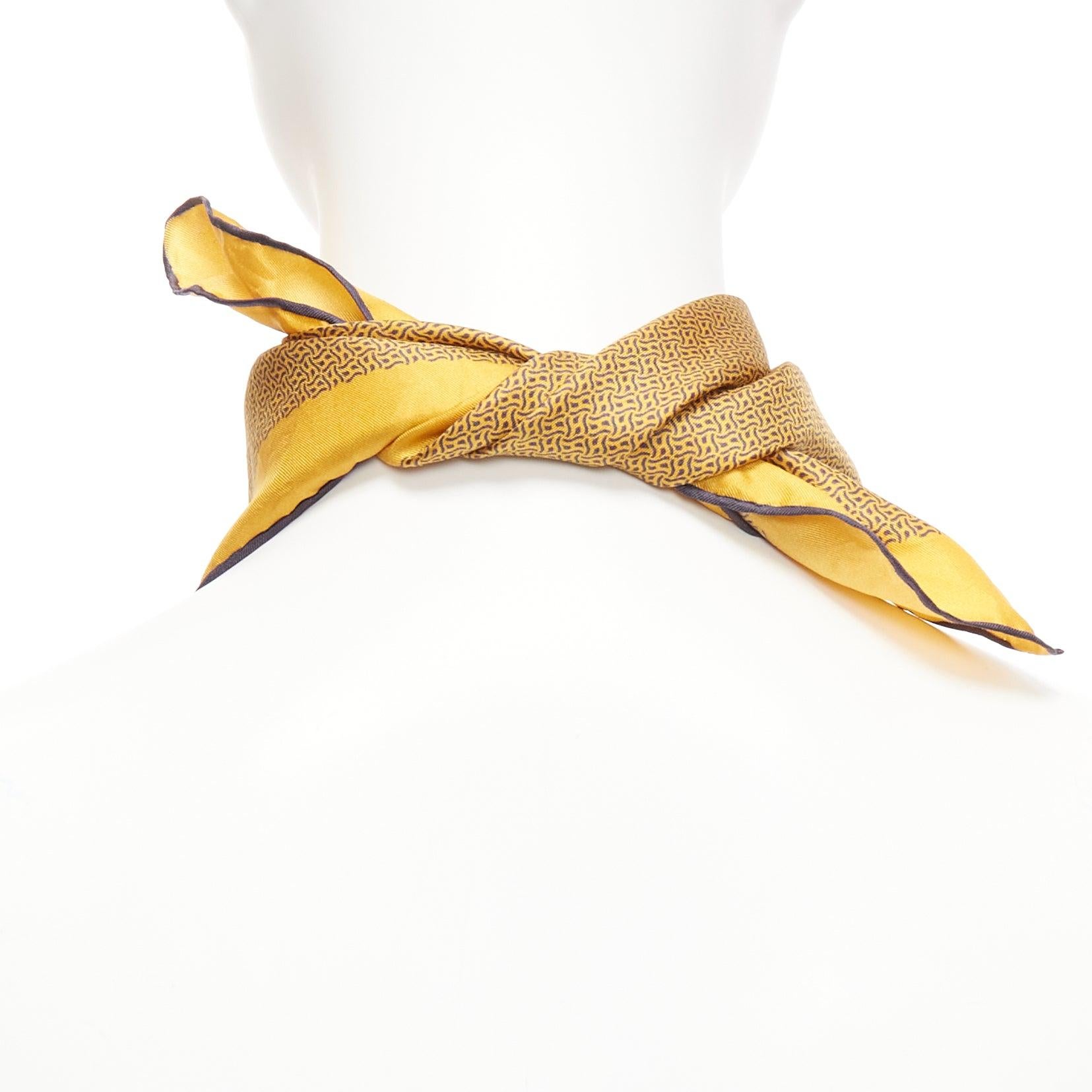 HERMES 100% silk golden yellow H logo geometric print navy trim square scarf 1