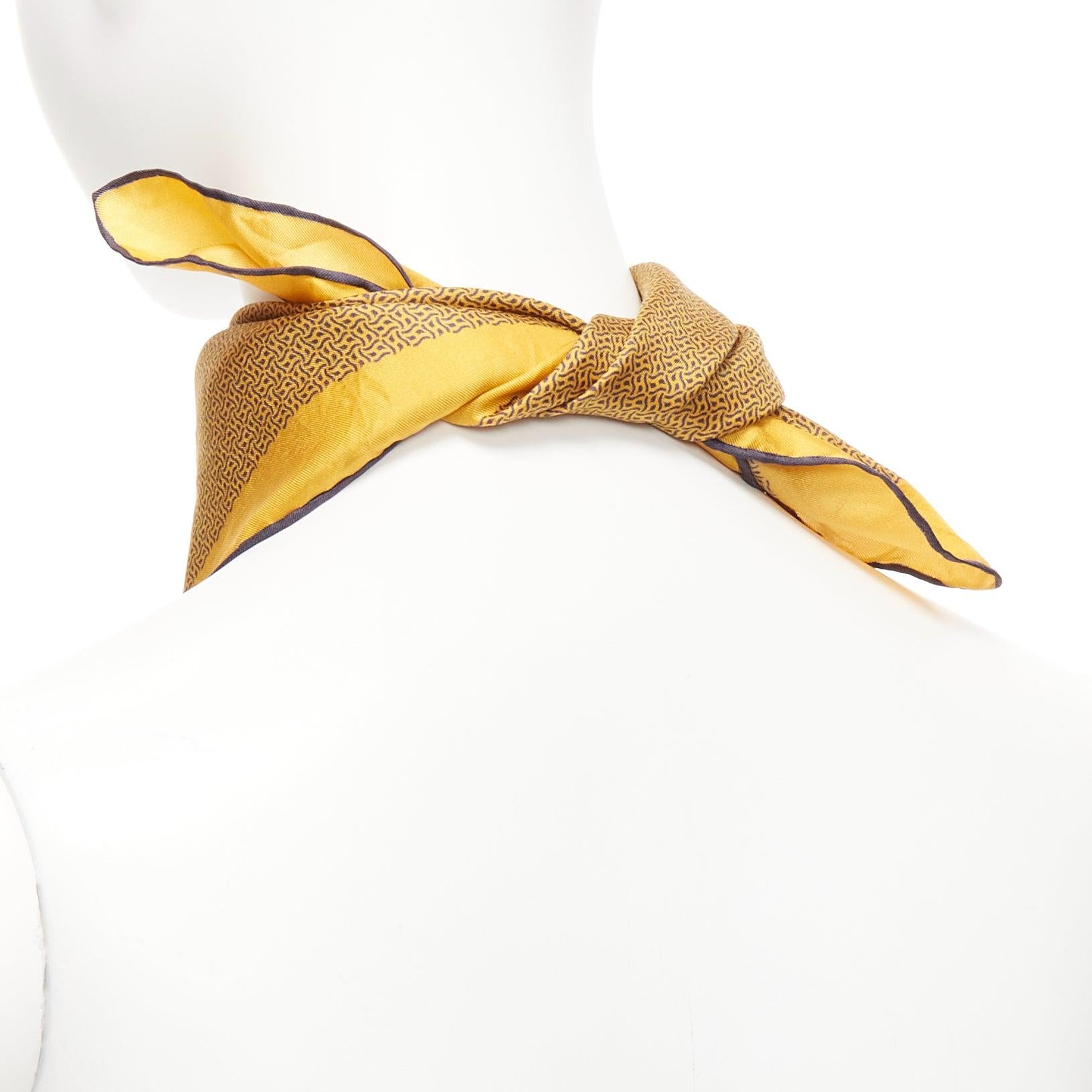 HERMES 100% silk golden yellow H logo geometric print navy trim square scarf 2