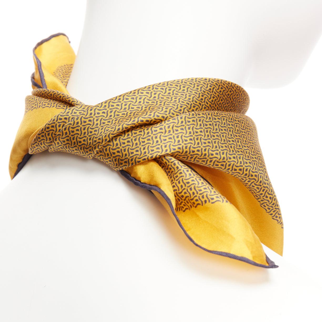 HERMES 100% silk golden yellow H logo geometric print navy trim square scarf 3