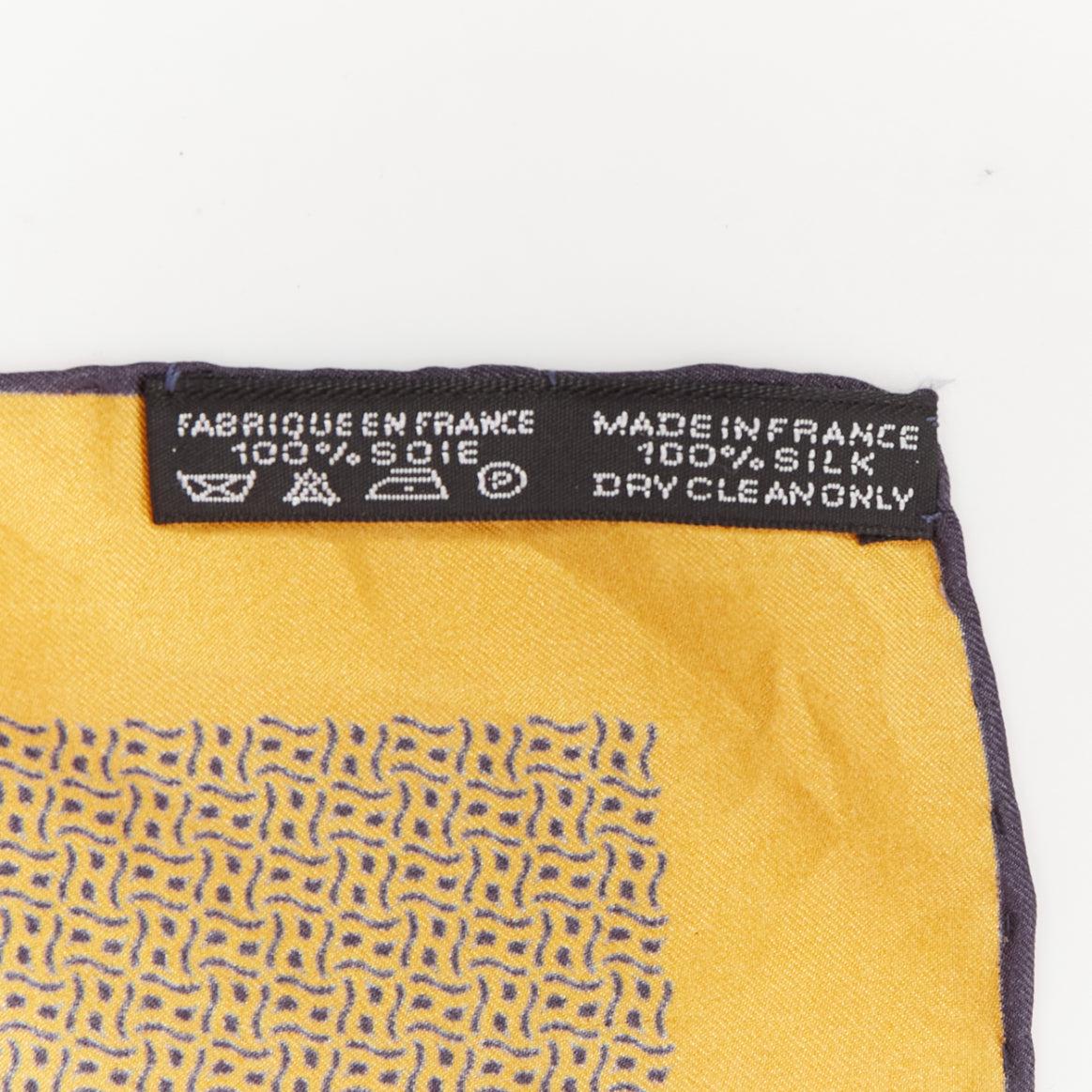 HERMES 100% silk golden yellow H logo geometric print navy trim square scarf 4