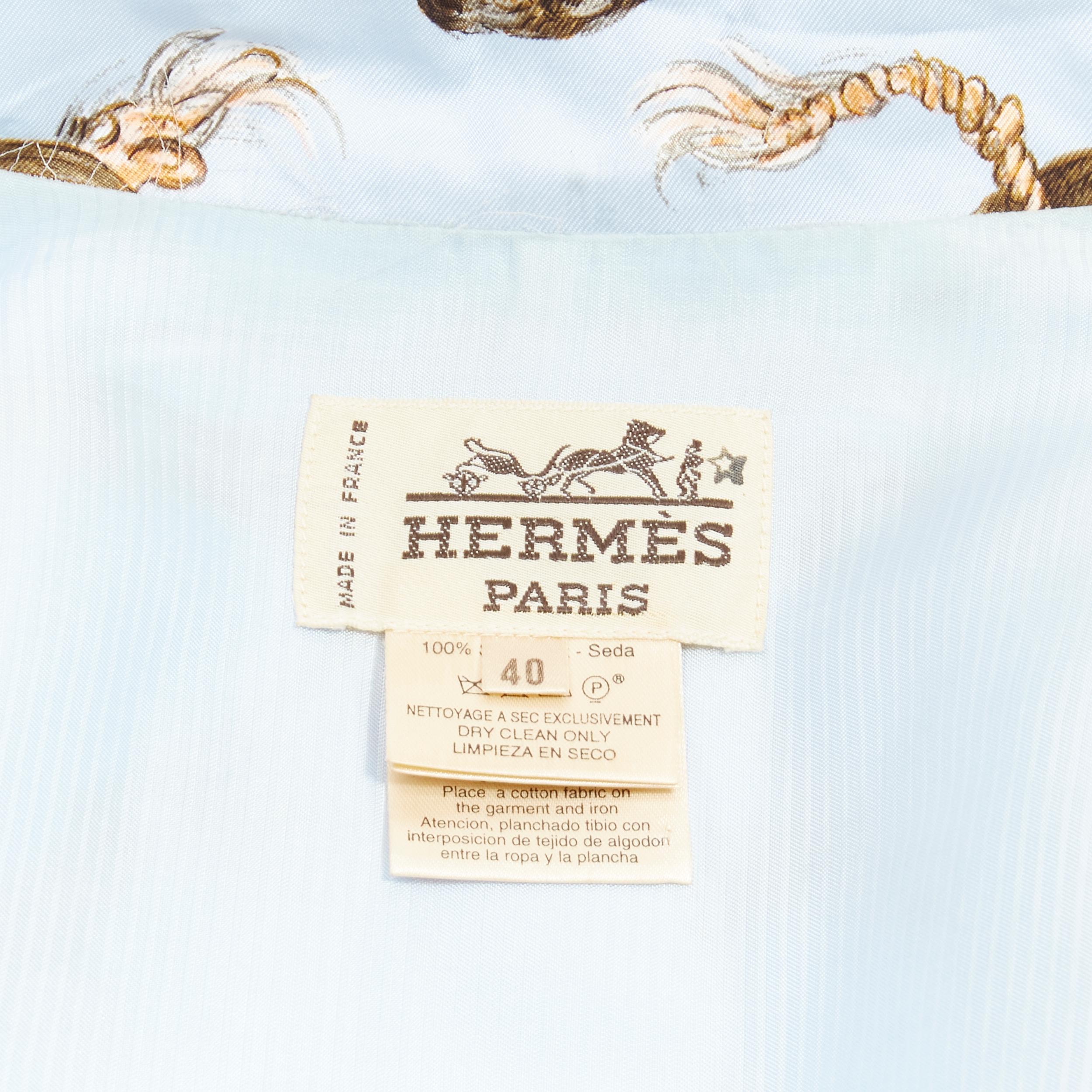 HERMES 100% silk light blue Equestrian boot hat print belted robe jacket FR40 L For Sale 4
