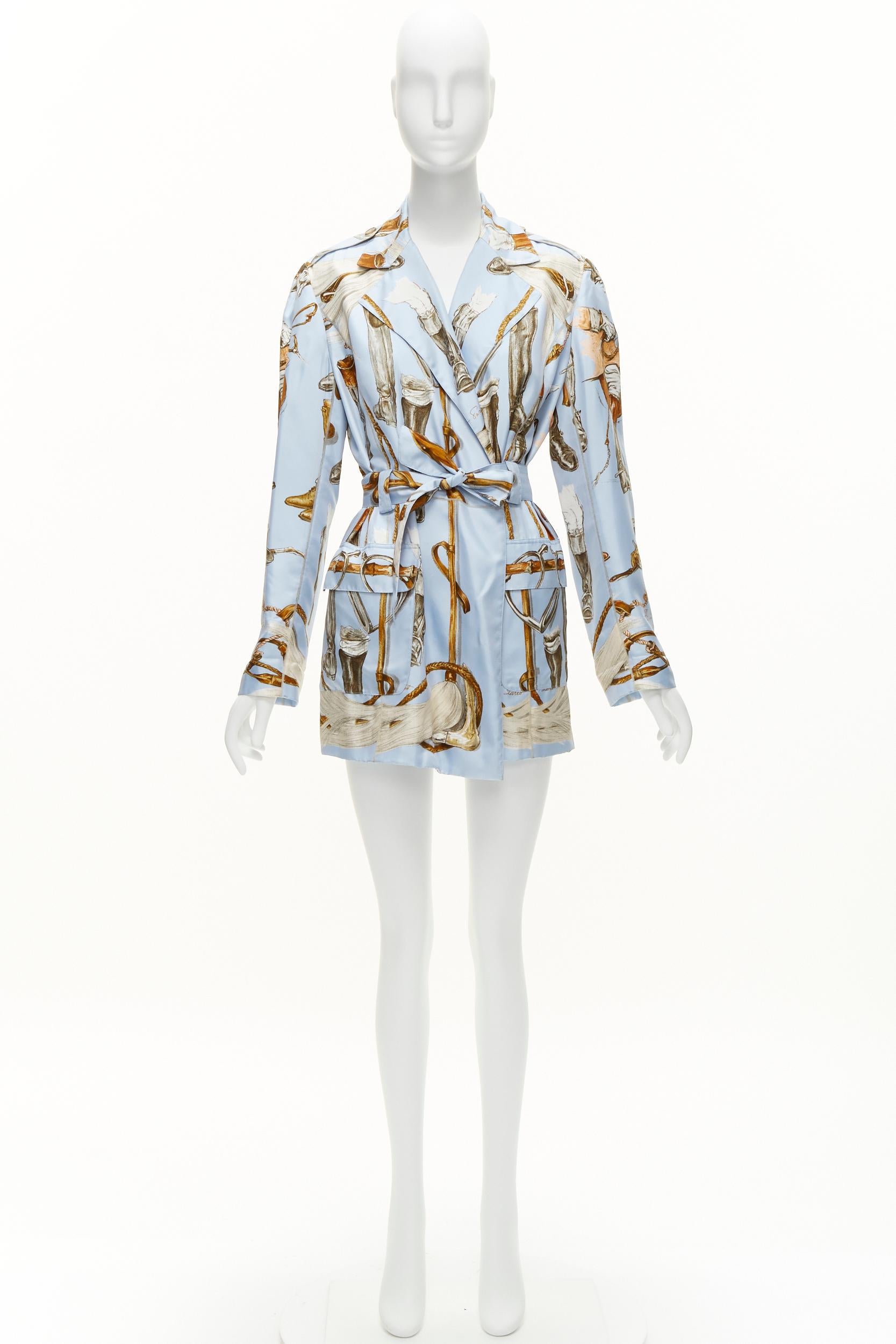 HERMES 100% silk light blue Equestrian boot hat print belted robe jacket FR40 L 6