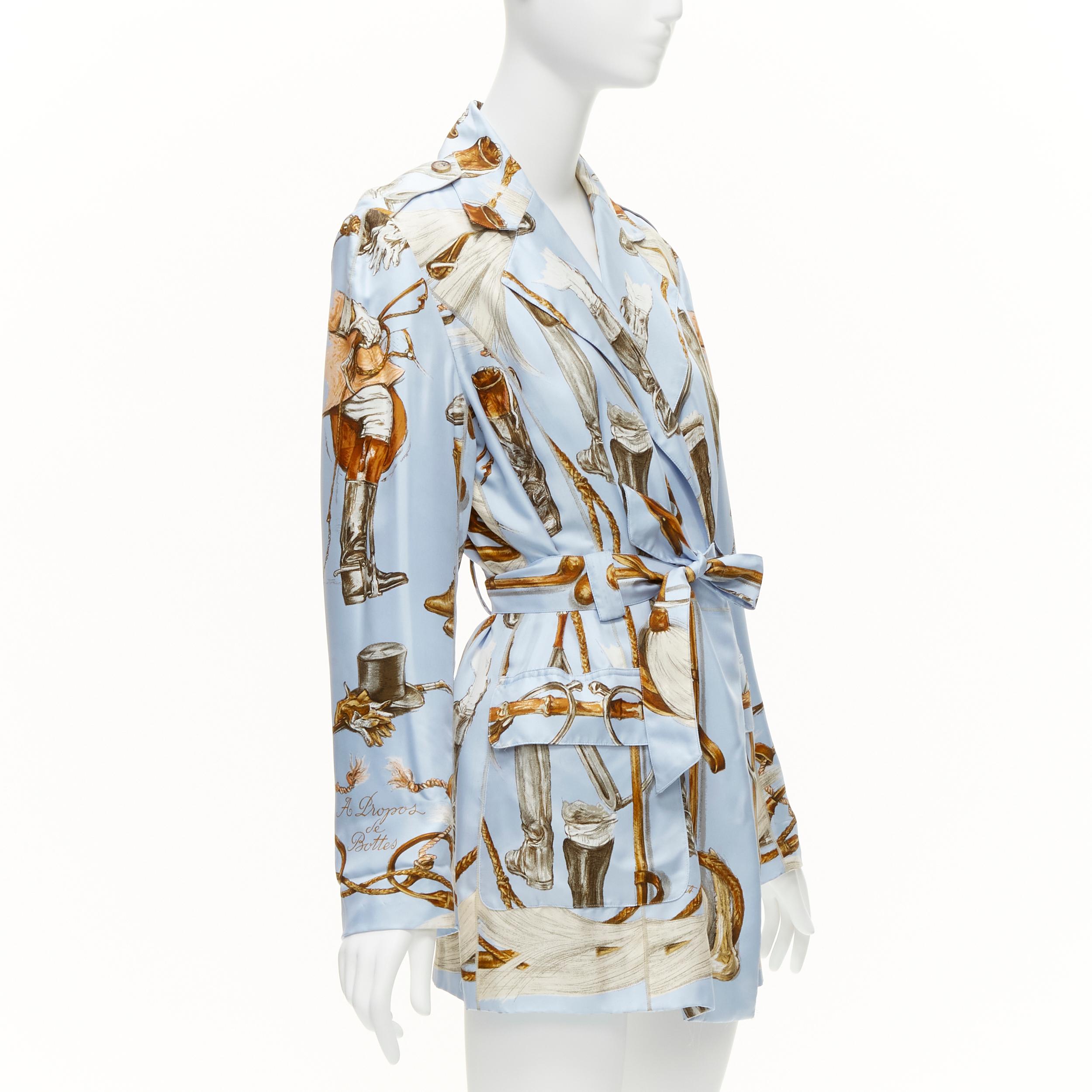 HERMES 100% silk light blue Equestrian boot hat print belted robe jacket FR40 L In Good Condition In Hong Kong, NT
