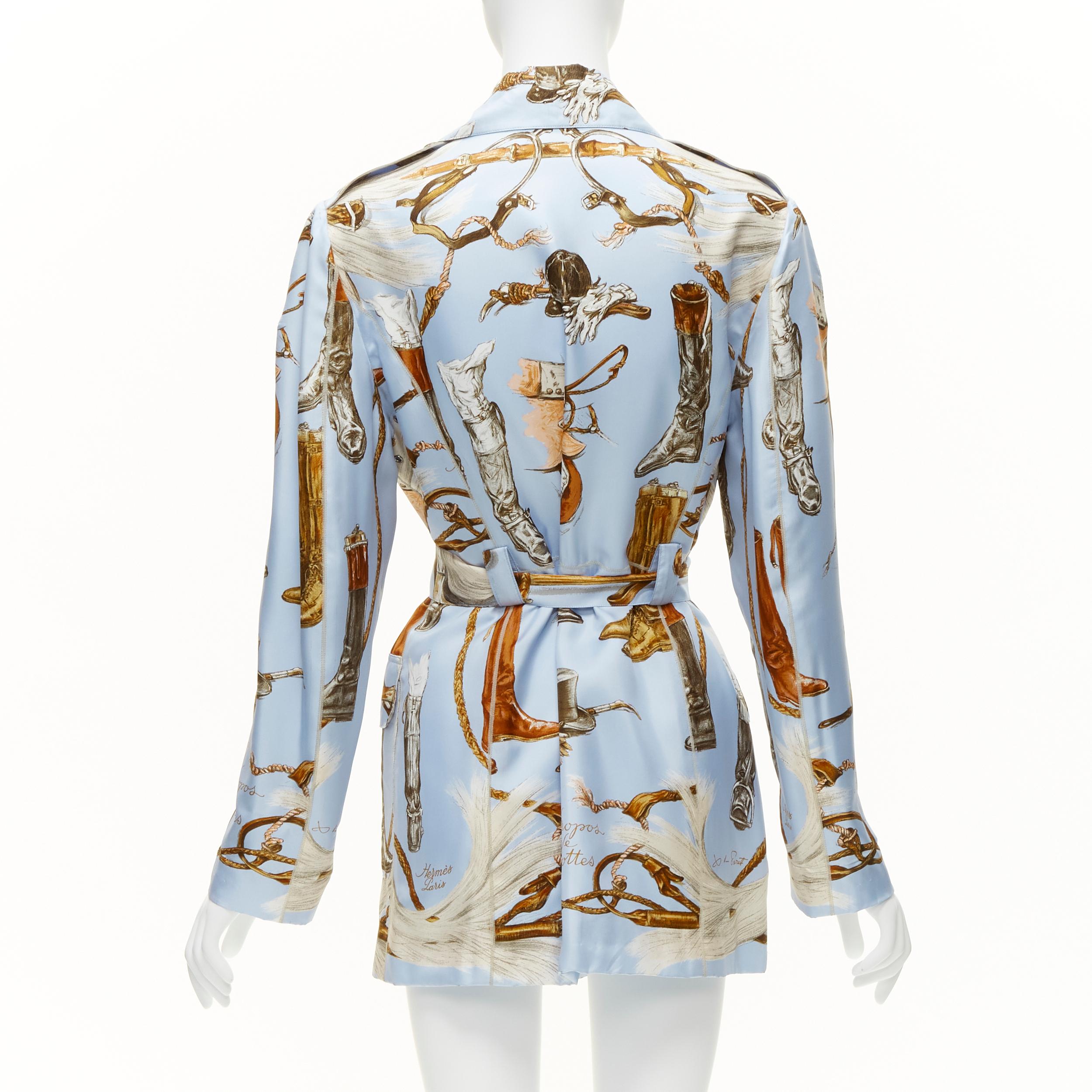 Women's HERMES 100% silk light blue Equestrian boot hat print belted robe jacket FR40 L For Sale
