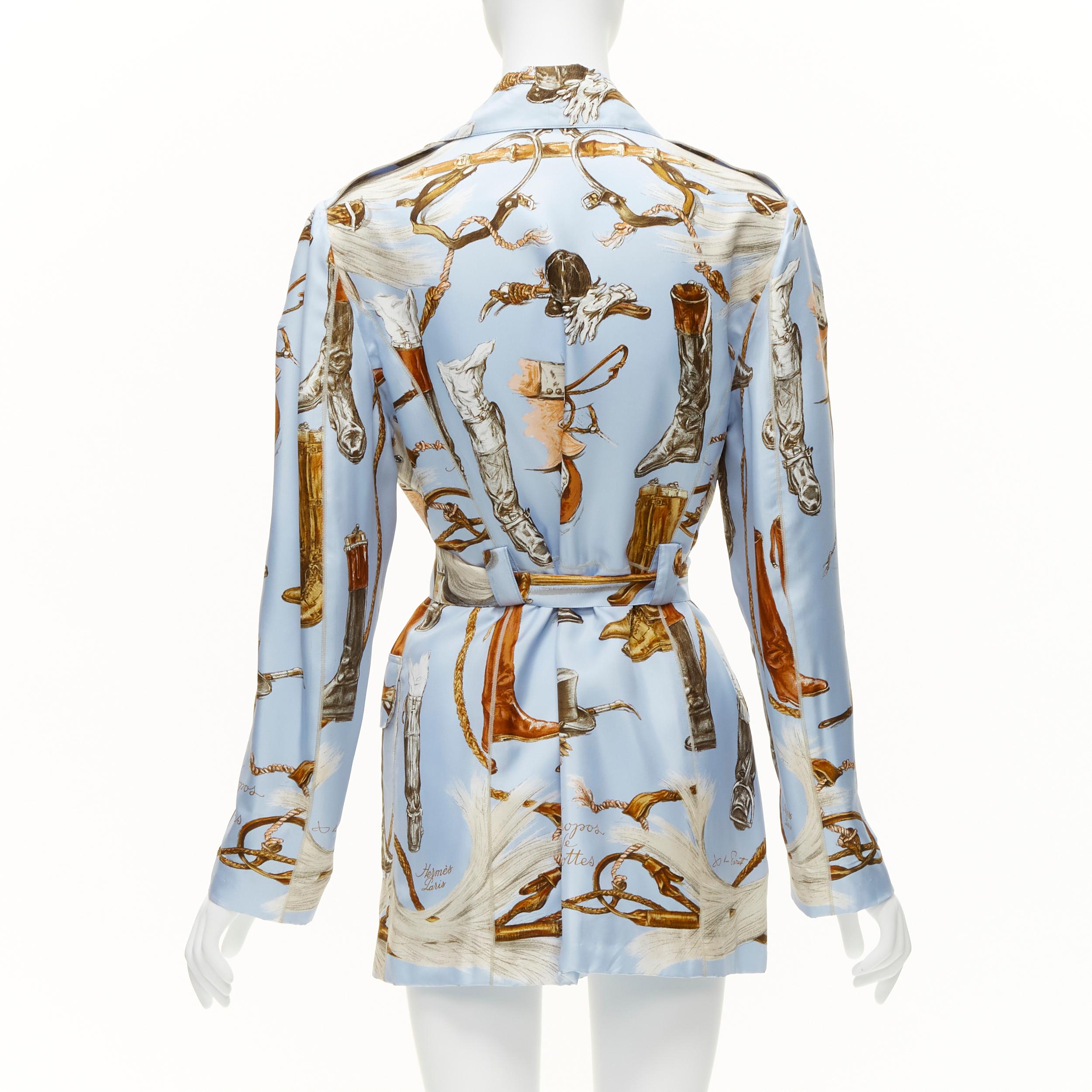 Women's HERMES 100% silk light blue Equestrian boot hat print belted robe jacket FR40 L
