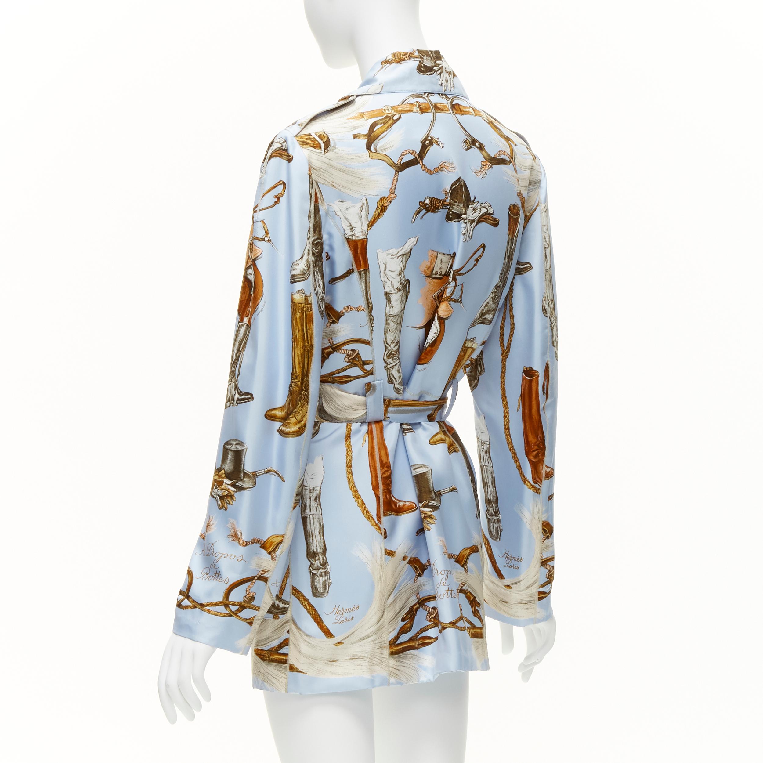 HERMES 100% silk light blue Equestrian boot hat print belted robe jacket FR40 L For Sale 1