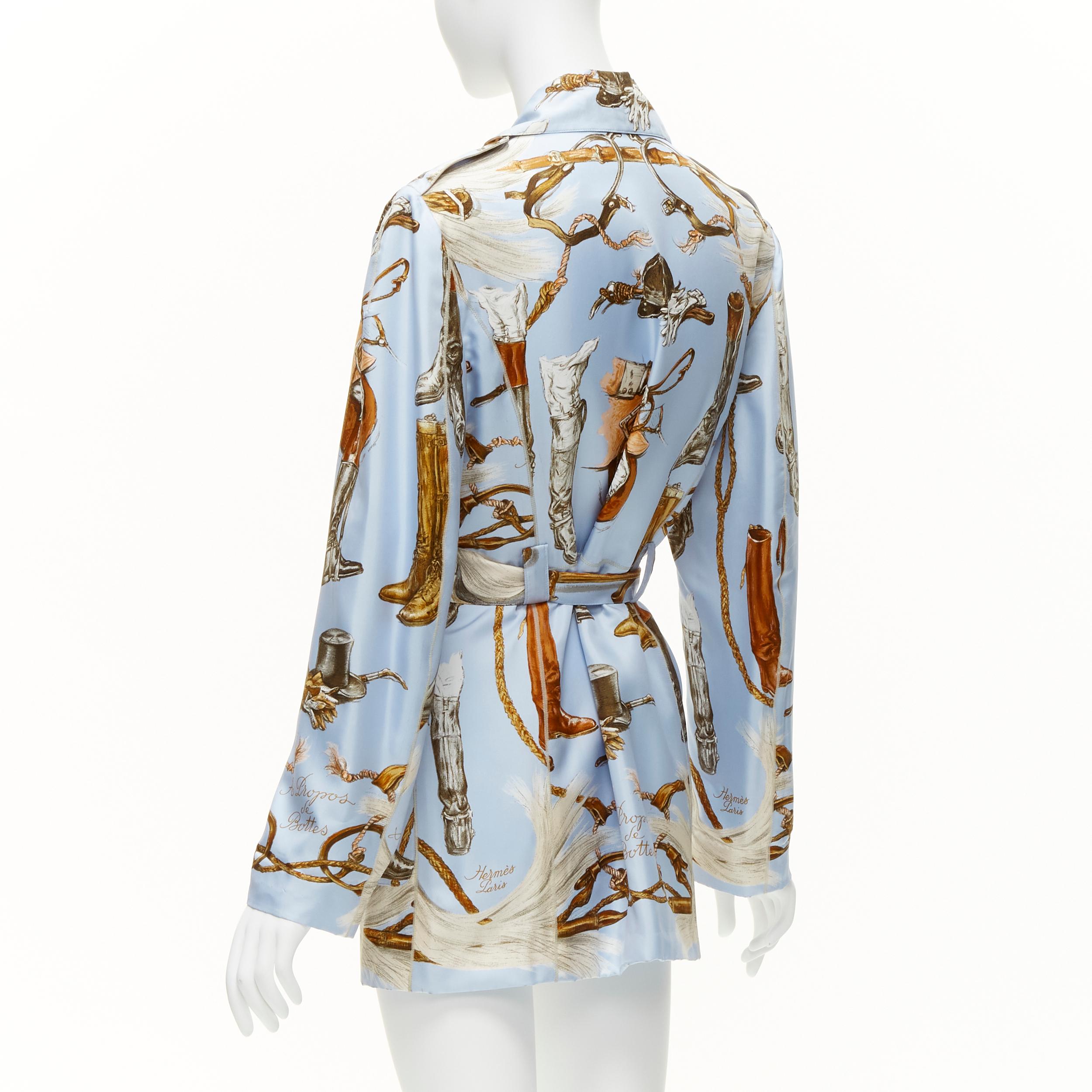 HERMES 100% silk light blue Equestrian boot hat print belted robe jacket FR40 L 2