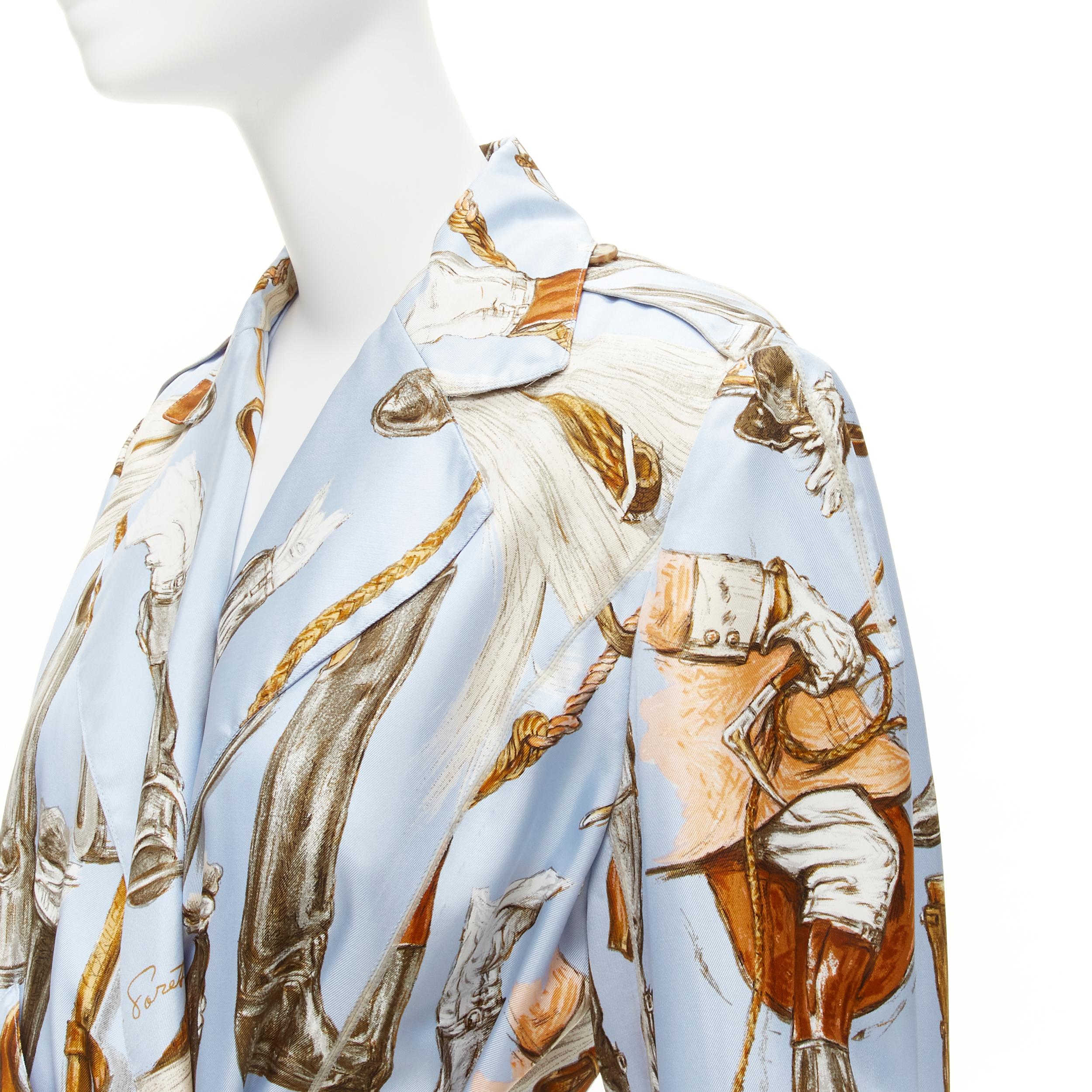 HERMES 100% silk light blue Equestrian boot hat print belted robe jacket FR40 L 3