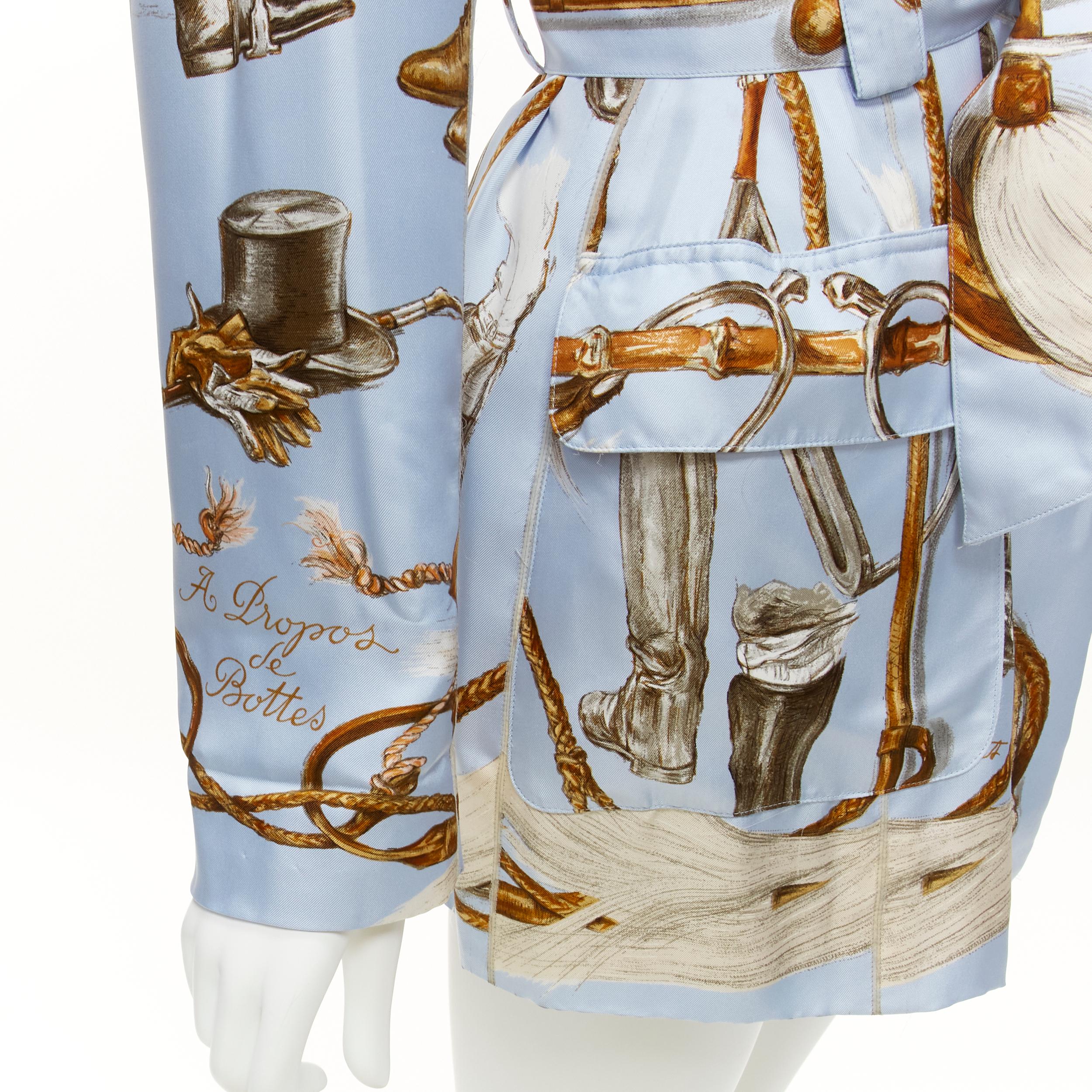 HERMES 100% silk light blue Equestrian boot hat print belted robe jacket FR40 L For Sale 3