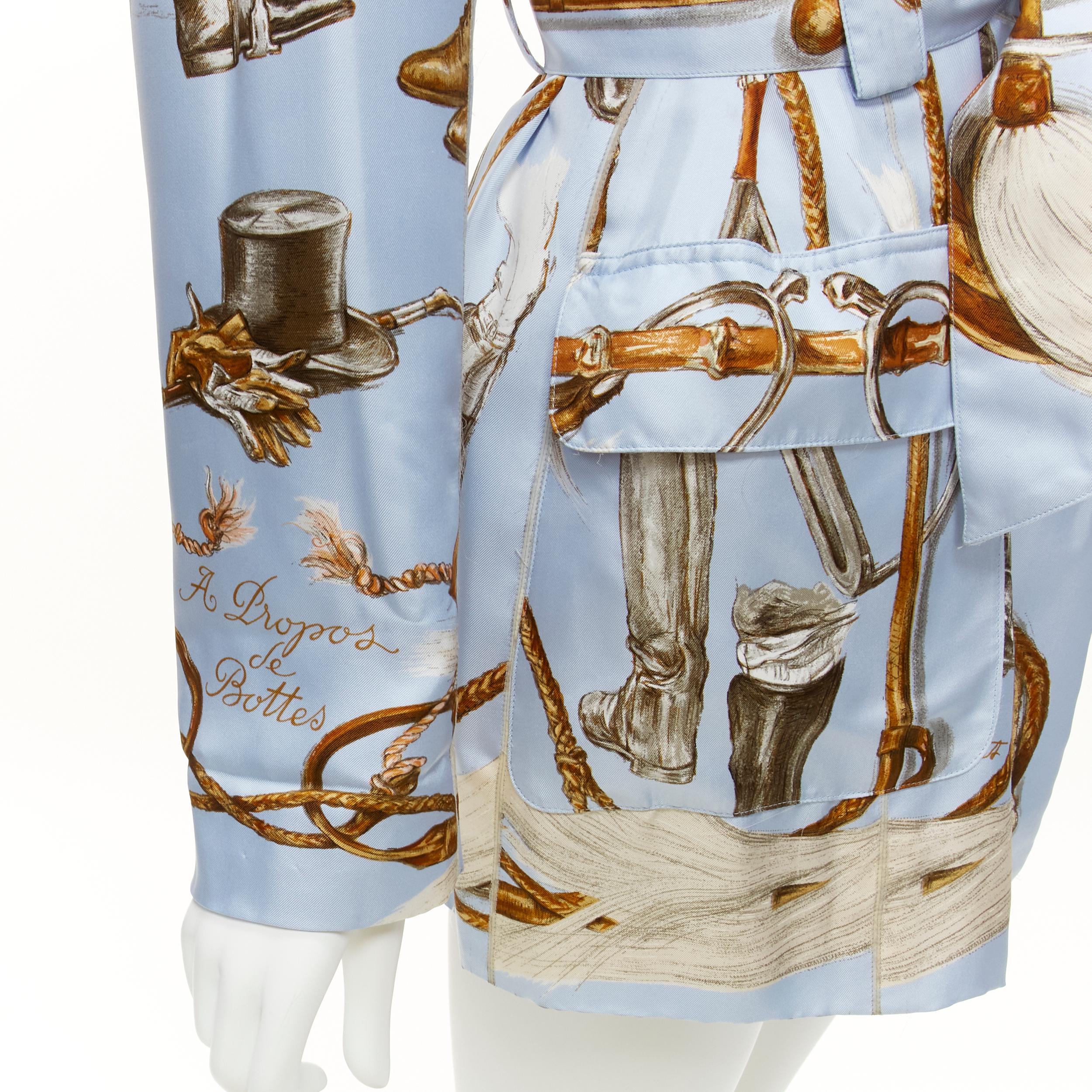 HERMES 100% silk light blue Equestrian boot hat print belted robe jacket FR40 L 4