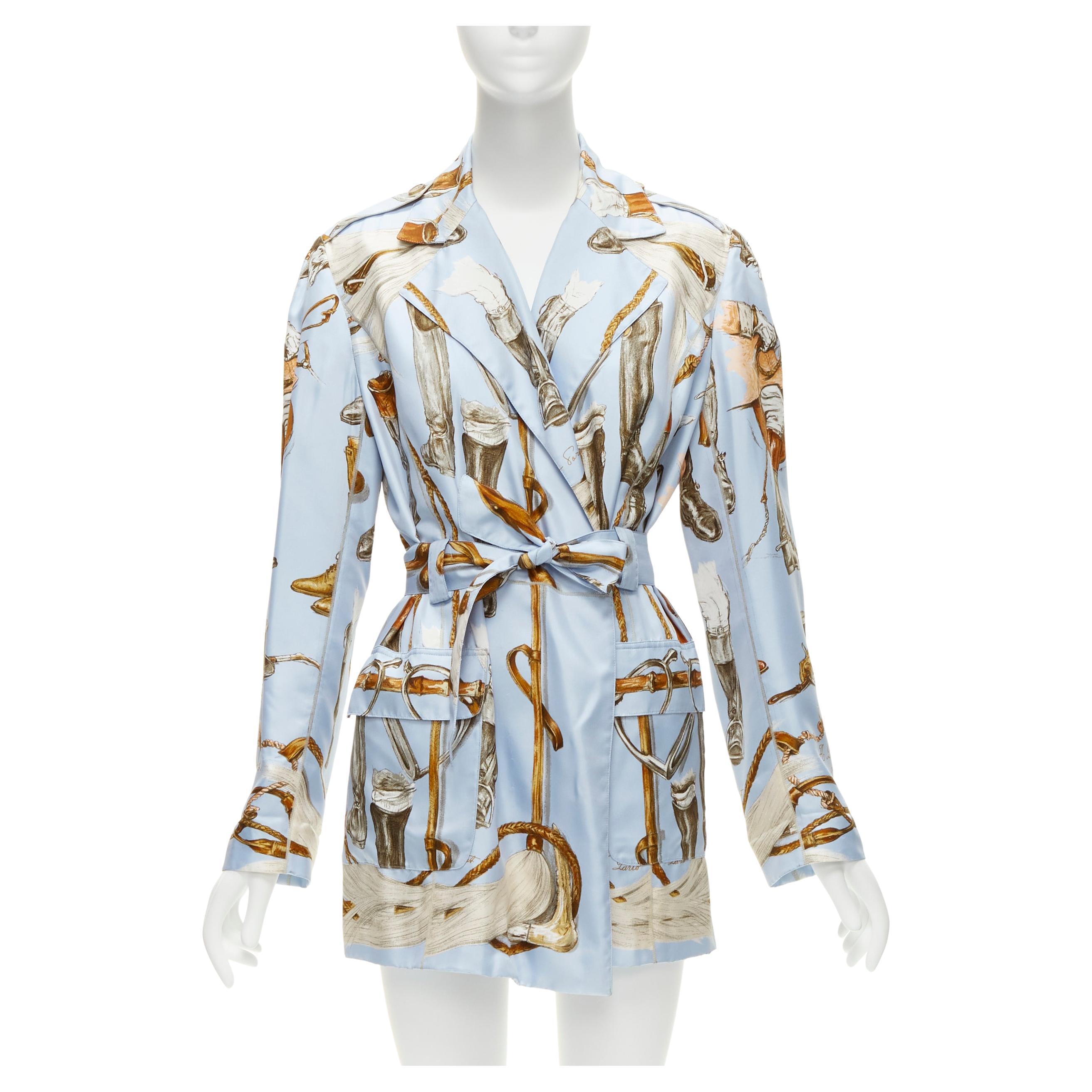 HERMES 100% silk light blue Equestrian boot hat print belted robe jacket FR40 L For Sale