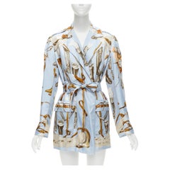 HERMES 100% silk light blue Equestrian boot hat print belted robe jacket FR40 L