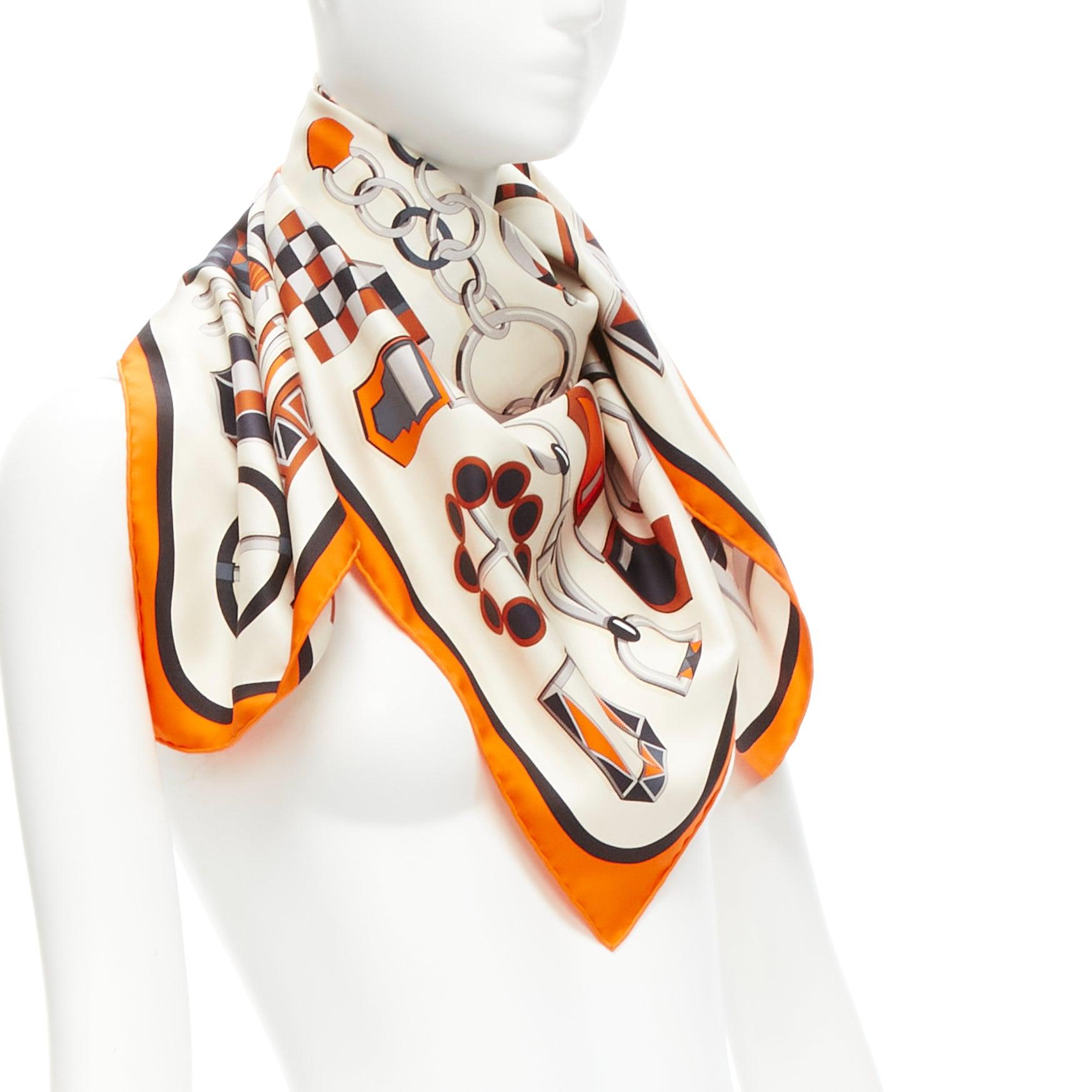HERMES 100% silk orange border H buckle horsebit chain scarf In Excellent Condition For Sale In Hong Kong, NT
