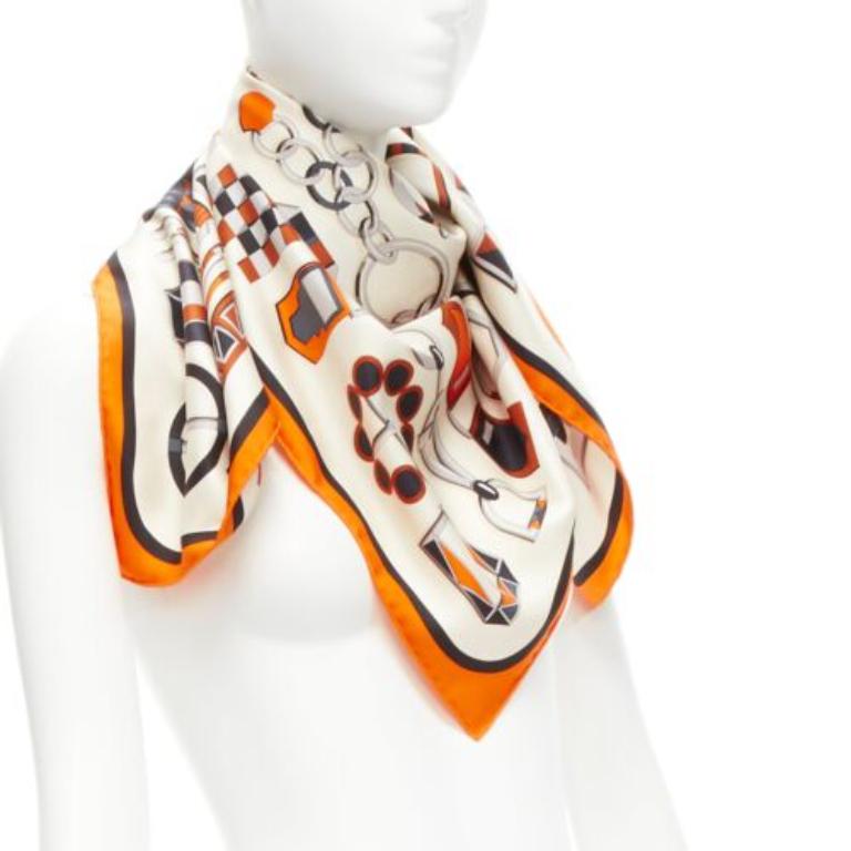 Beige HERMES 100% silk orange border H buckle horsebit chain scarf For Sale