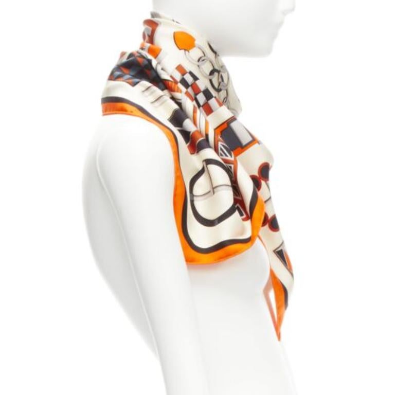 HERMES 100% silk orange border H buckle horsebit chain scarf In Excellent Condition For Sale In Hong Kong, NT