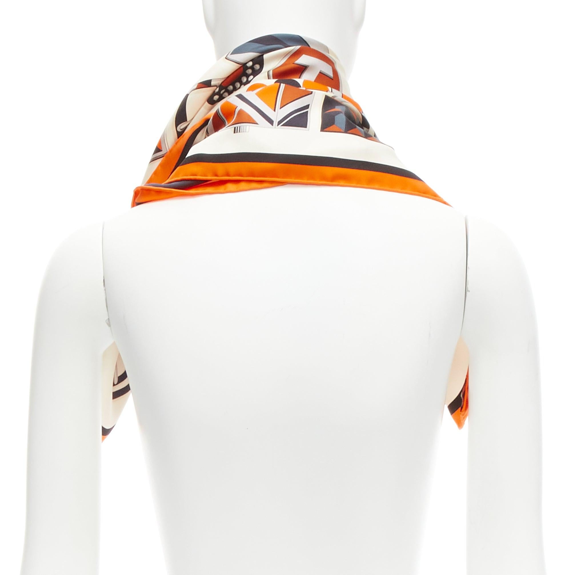 HERMES 100% silk orange border H buckle horsebit chain scarf For Sale 1