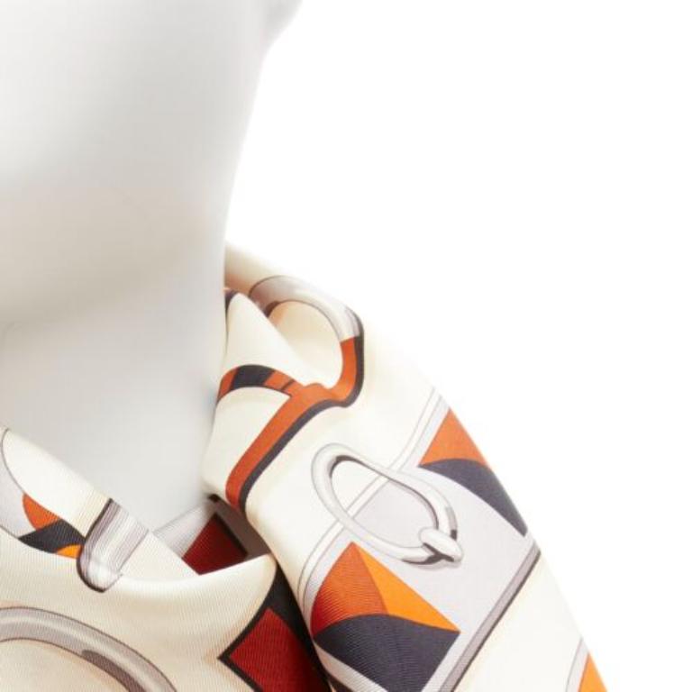 HERMES 100% silk orange border H buckle horsebit chain scarf For Sale 2