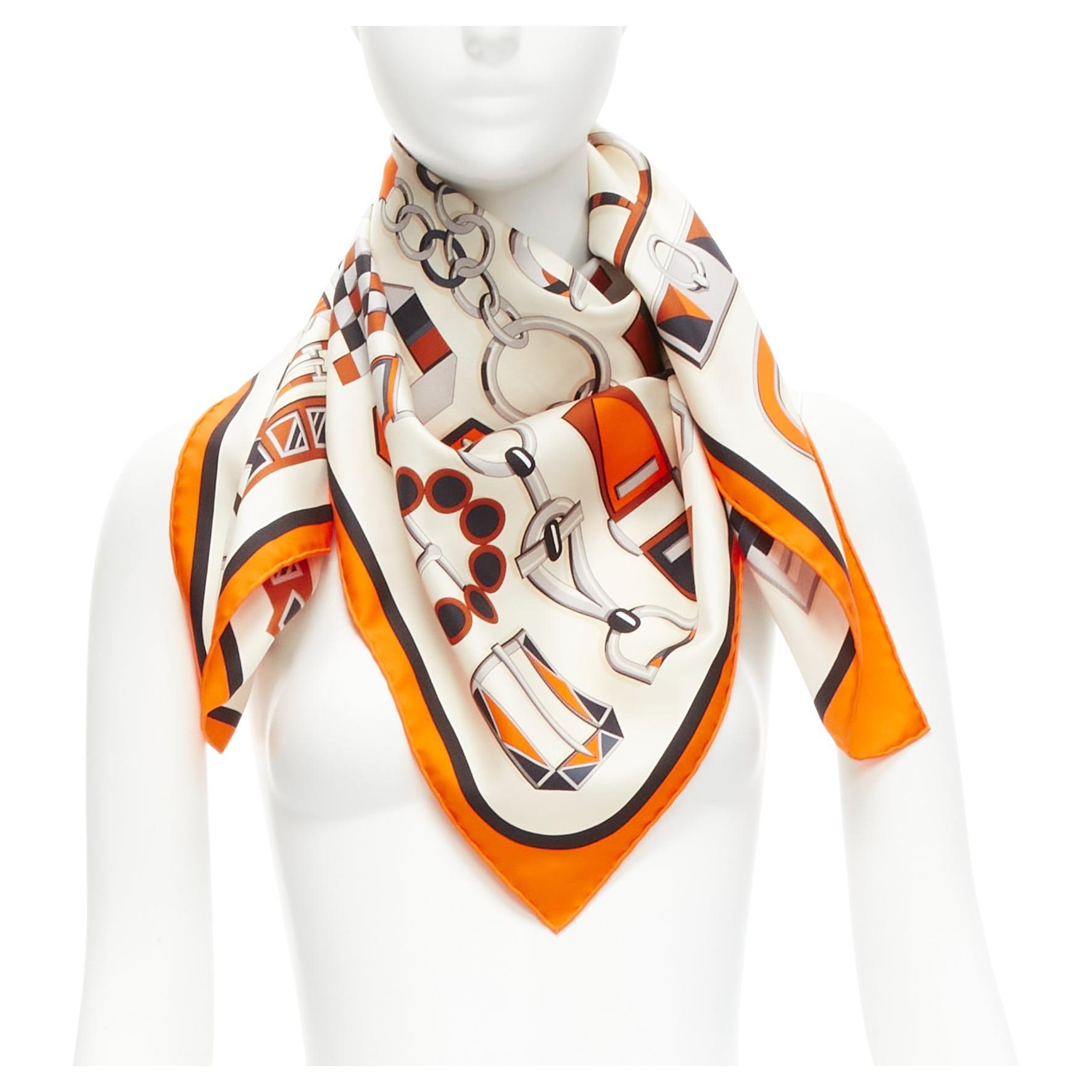 HERMES 100% silk orange border H buckle horsebit chain scarf For Sale