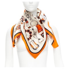 HERMES 100% silk orange border H buckle horsebit chain scarf