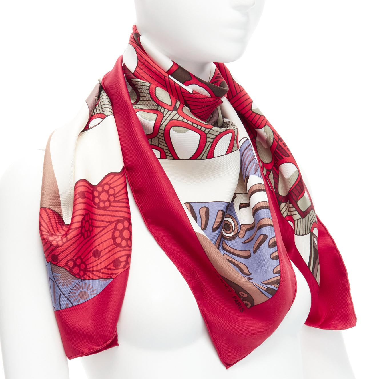 Gray HERMES 100% silk red blue cream Japanese Fish print square scarf For Sale