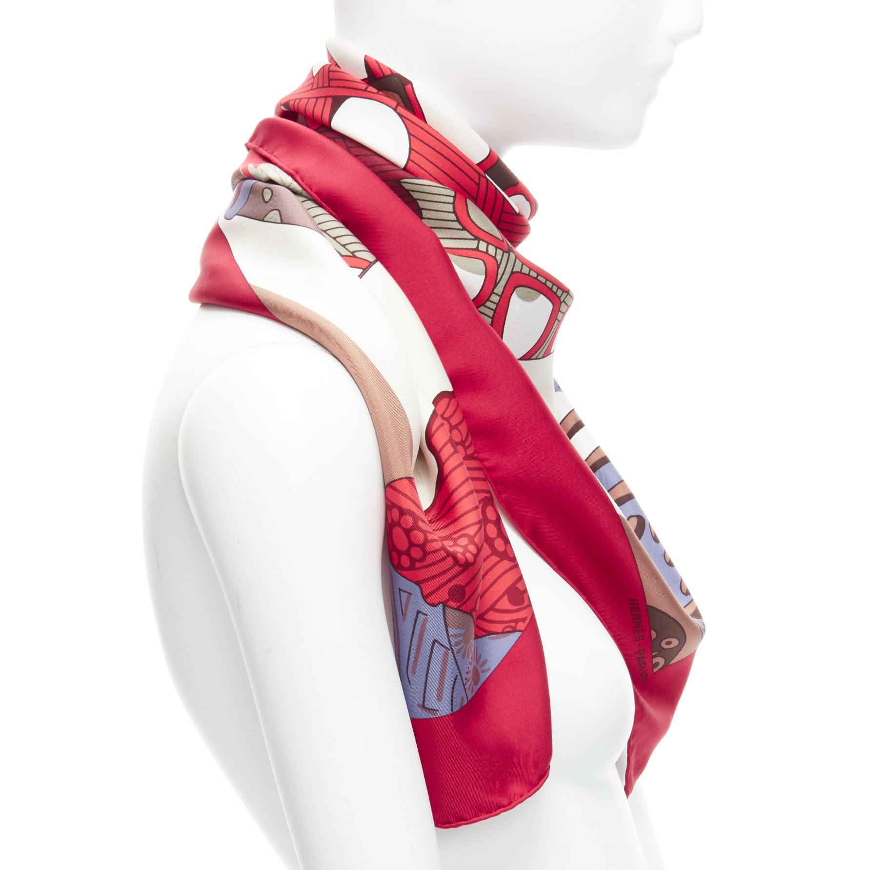 HERMES 100% silk red blue cream Japanese Fish print square scarf In Excellent Condition For Sale In Hong Kong, NT