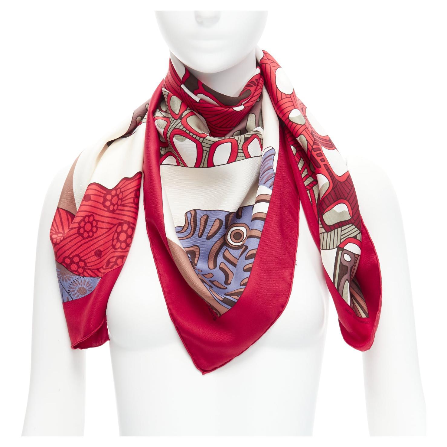 HERMES 100% silk red blue cream Japanese Fish print square scarf For Sale
