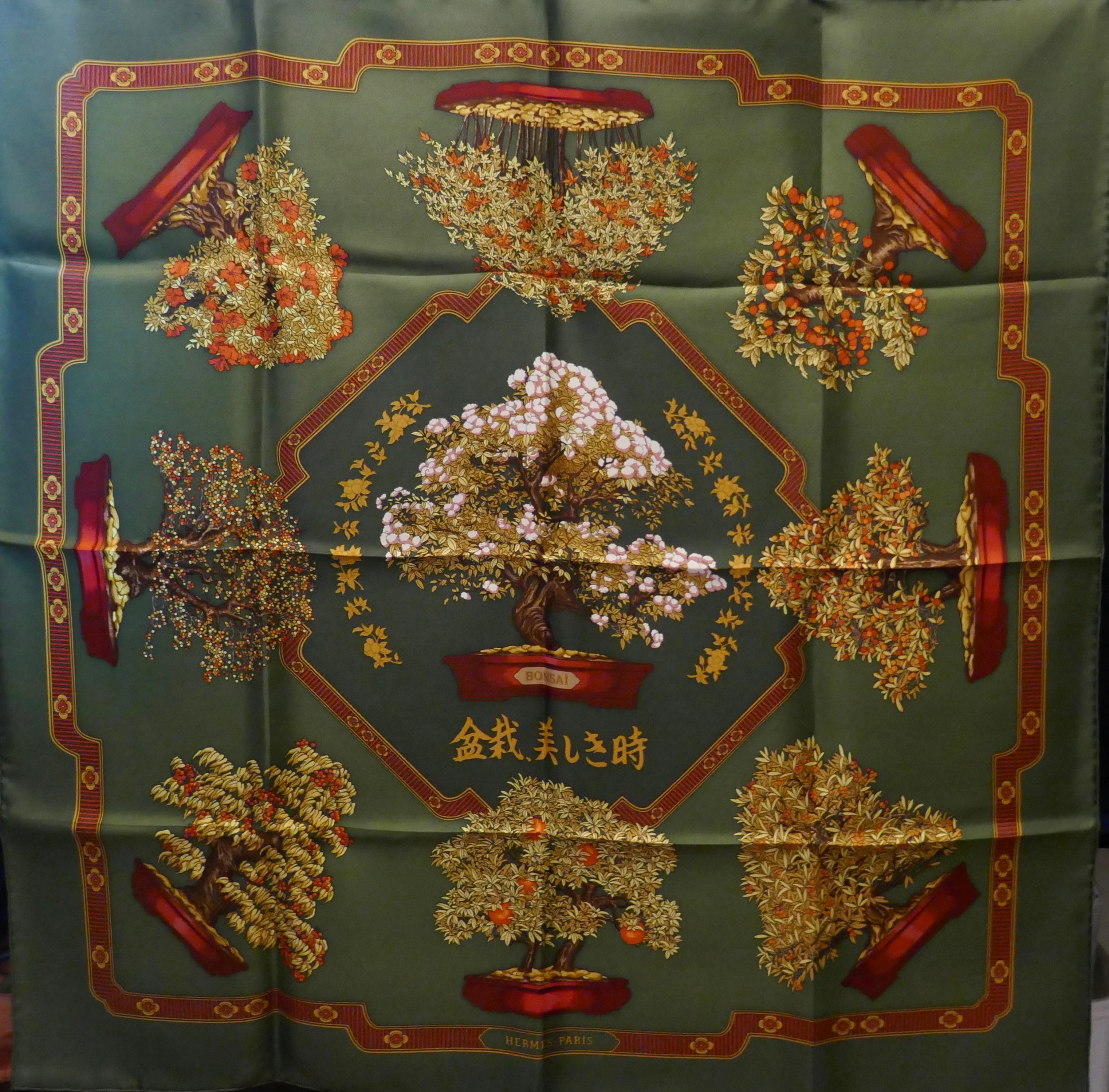 Hermes 100% Silk Scarf “ Les beaux Jours de Bonsai” by  Catherine Baschet 1991 In Excellent Condition For Sale In Chillerton, Isle of Wight
