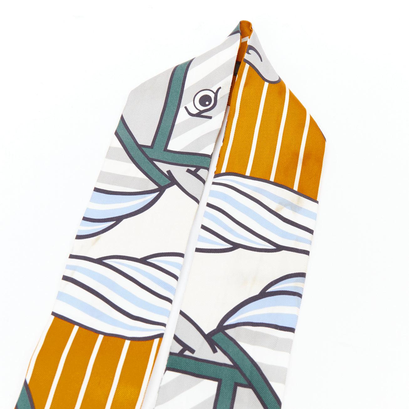 Gray HERMES 100% silk Silk Quadrige Bayadere Twilly Ocre Gris Vert scarf For Sale