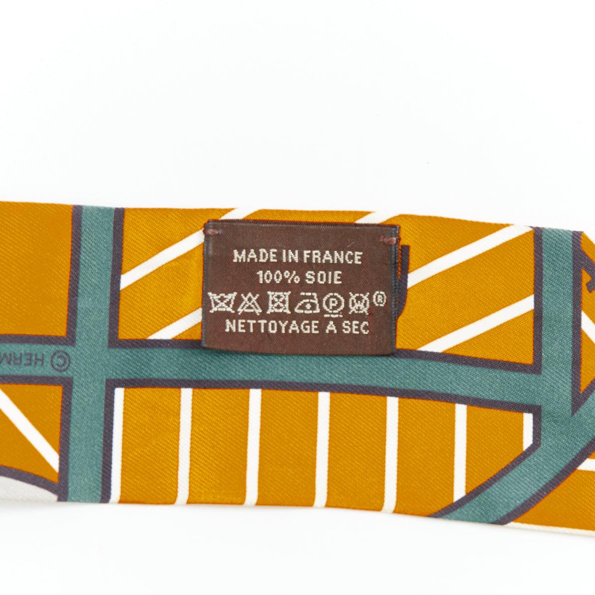 Women's HERMES 100% silk Silk Quadrige Bayadere Twilly Ocre Gris Vert scarf For Sale