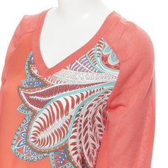 Hermès 100% Seide tropical blattdruck V-Ausschnitt Korallenroter langärmeliger Pullover FR34