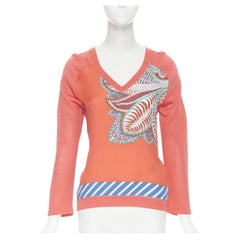 HERMES 100% silk tropical leaf print V-neck coral red long sleeve sweater FR34