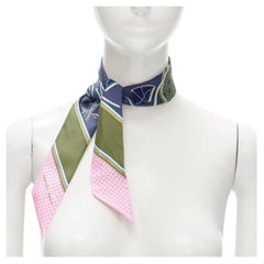 HERMES 100% silk Twilly navy blue green pink print neck tie scarf