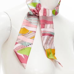 HERMES 100% silk Twilly pink mint green mixed print neck tie scarf