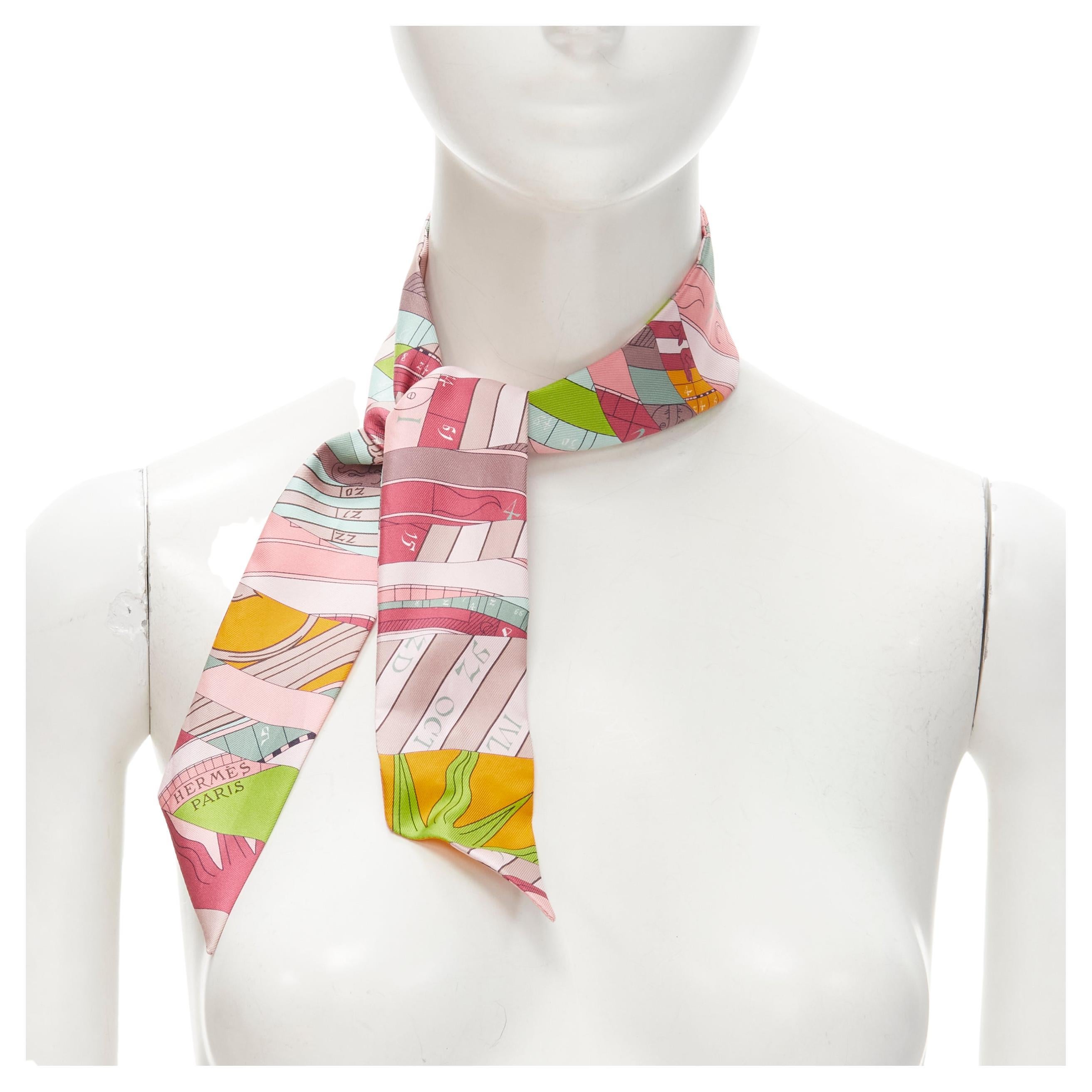 HERMES 100% silk Twilly pink mint green mixed print neck tie scarf