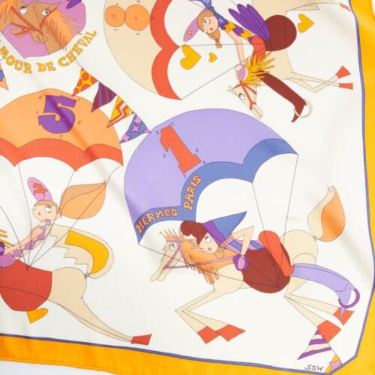 HERMES 100% silk Un Amour De Cheval print yellow purple scarf
Reference: SNKO/A00354
Brand: Hermes
Collection: Un Amour De Cheval
Material: Silk
Color: Multicolour
Pattern: Abstract
Extra Details: Un amour de cheval print.
Made in: