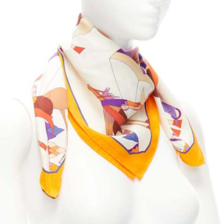 White HERMES 100% silk Un Amour De Cheval print yellow purple scarf For Sale