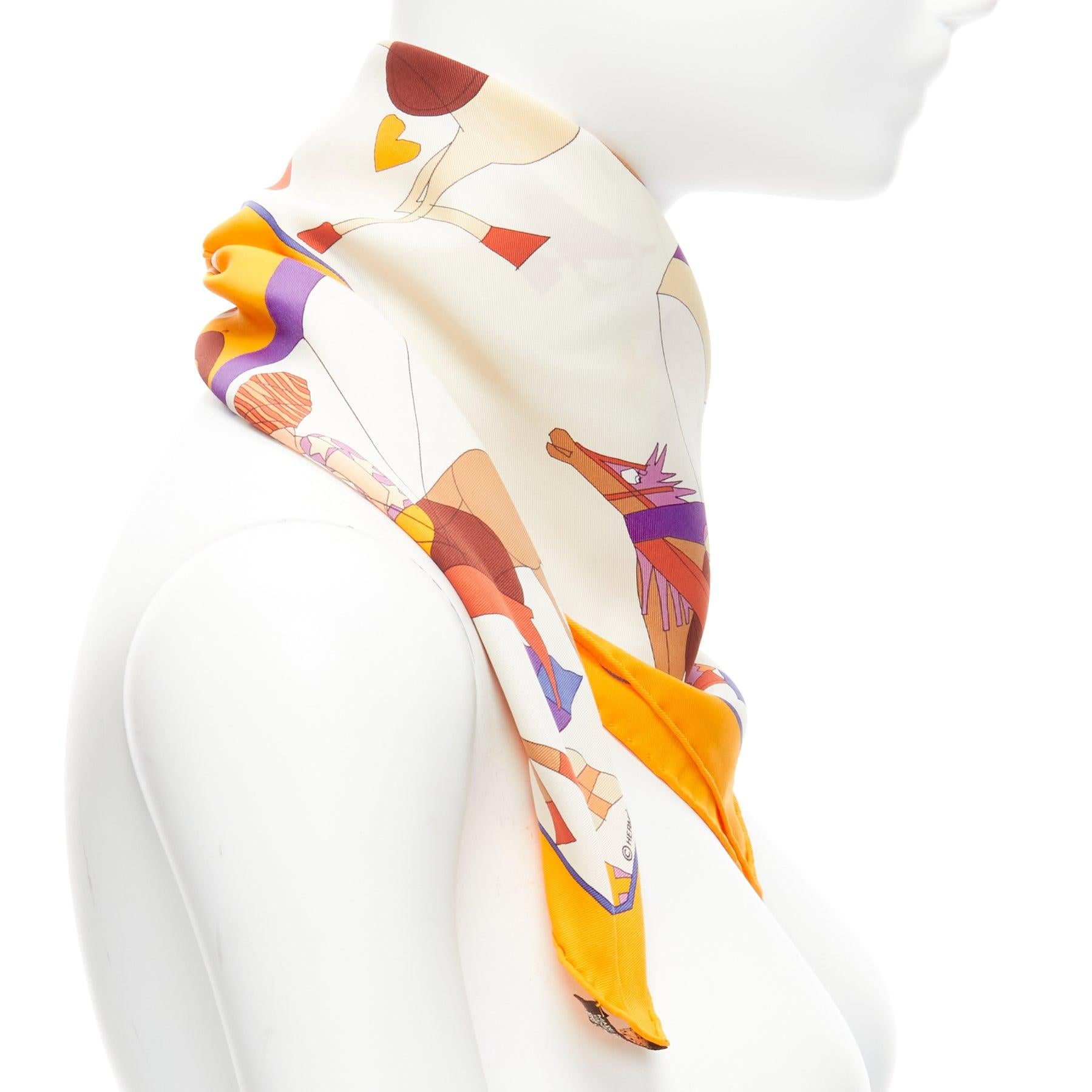 HERMES 100% silk Un Amour De Cheval print yellow purple scarf In Excellent Condition For Sale In Hong Kong, NT