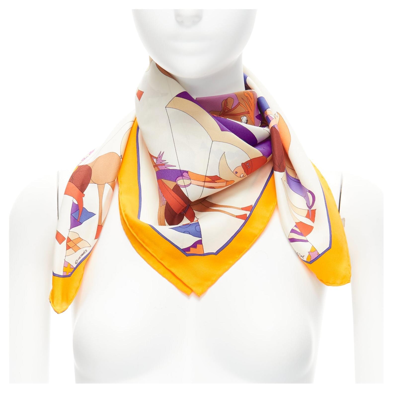 HERMES 100% silk Un Amour De Cheval print yellow purple scarf For Sale