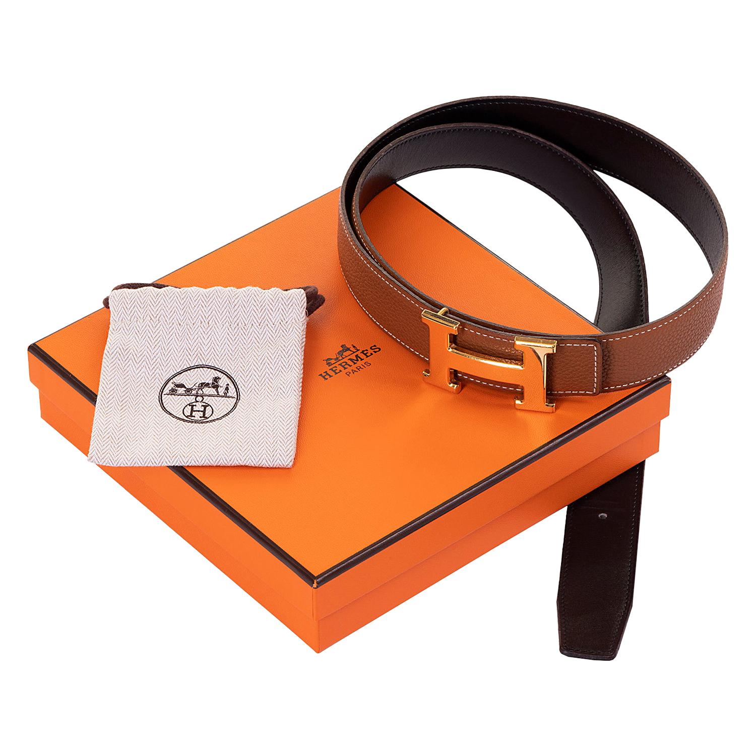 Hermes 100cm Reversible Belt in Black Box & Sabel Togo Hide with Gold 'H' Buckle For Sale