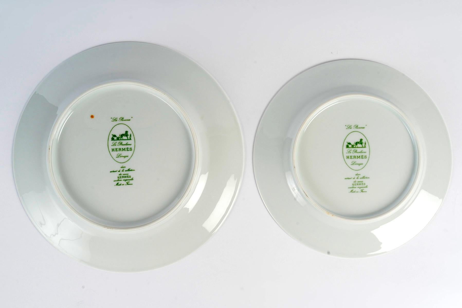 Late 20th Century Hermes 12 Dinner Plates 12 Starter Dessert Plates Pivoines Peonies Porcelain NEW For Sale