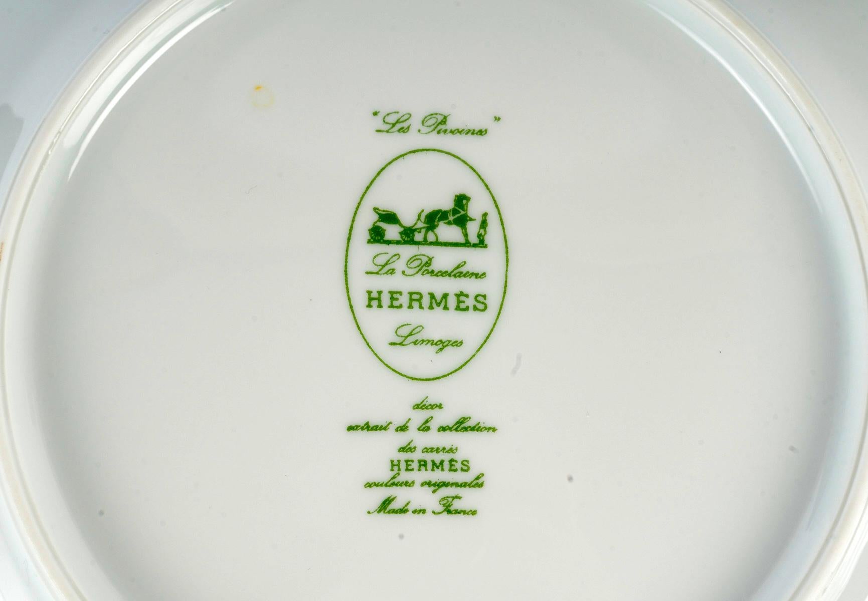 Hermes 12 Dinner Plates 12 Starter Dessert Plates Pivoines Peonies Porcelain NEW For Sale 1