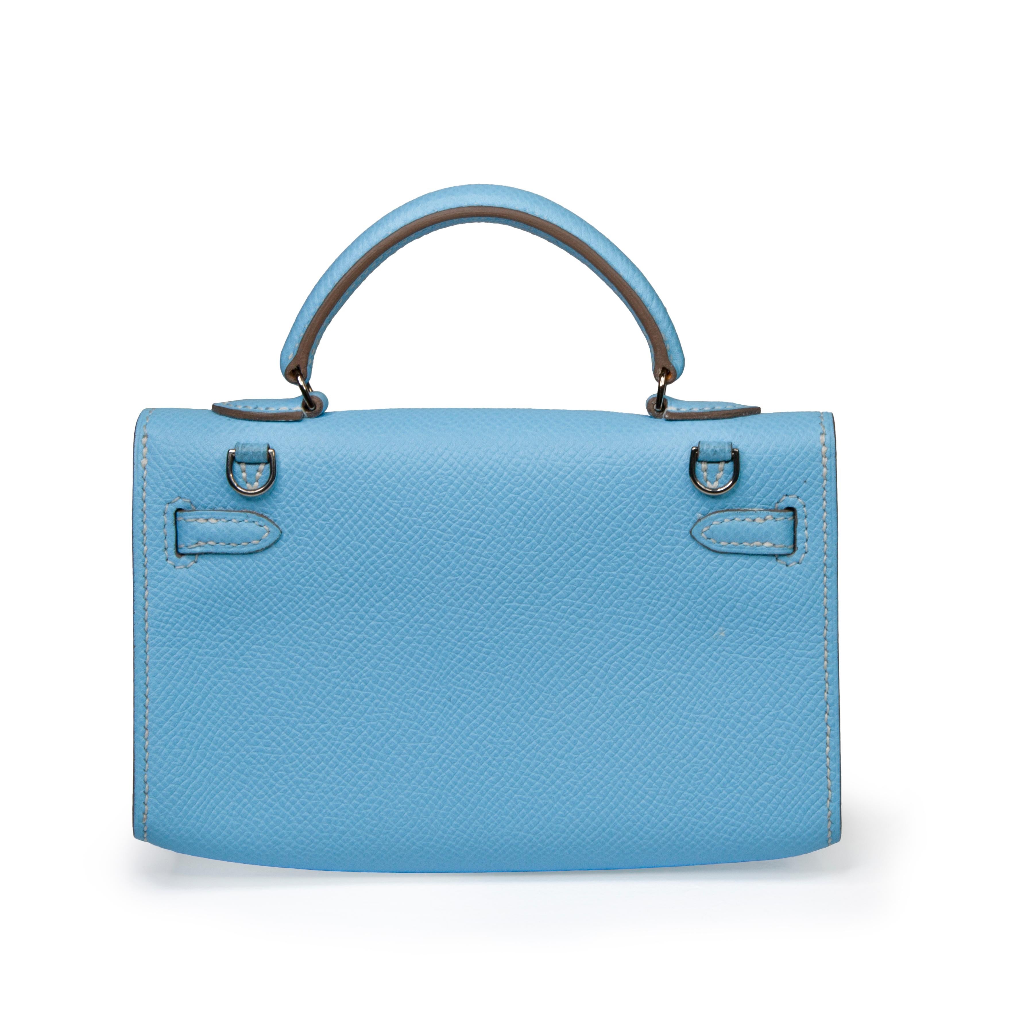 Bleu Hermès Sac Kelly micro- Mini 15 cm Celeste Epsom en cuir avec accessoires en palladium 