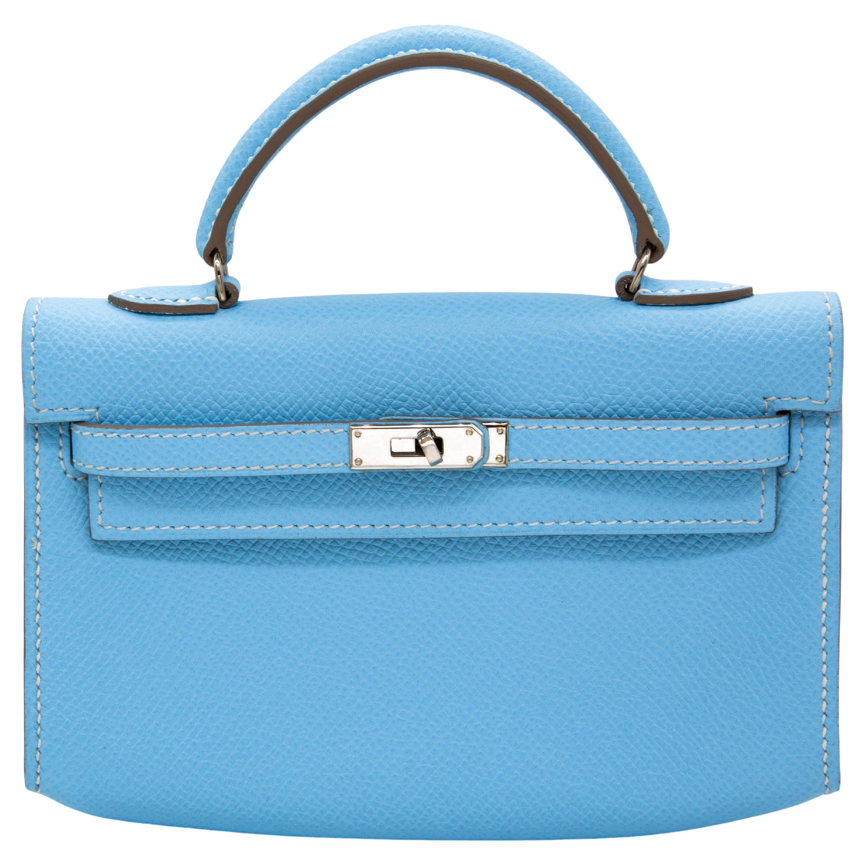 Hermès Sac Kelly micro- Mini 15 cm Celeste Epsom en cuir avec accessoires en palladium 