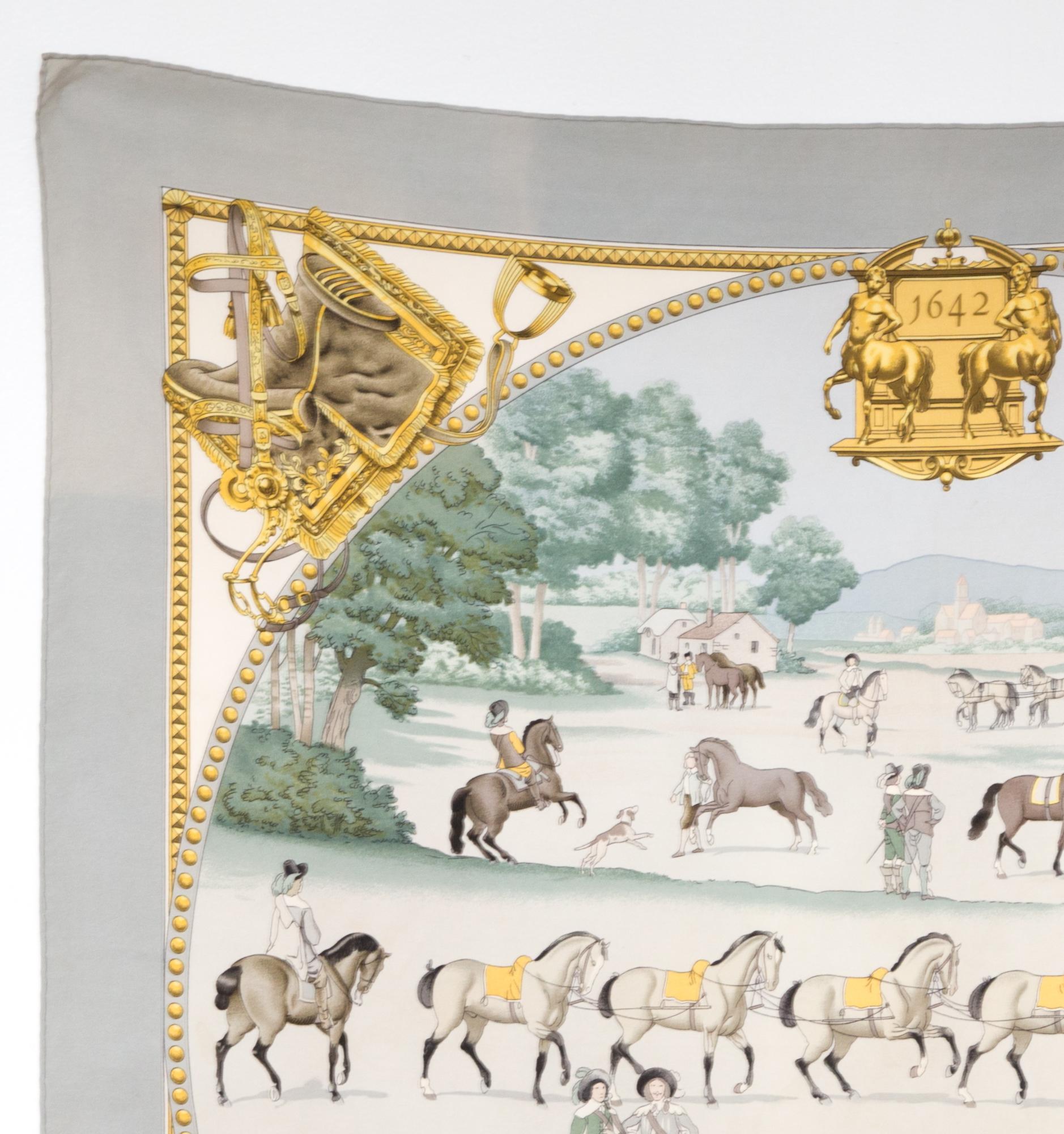 Hermes silk scarf 1642 Presentation de Chevaux by Philippe Ledoux featuring a grey border, a horse scene and a top signature.
In good vintage condition. Made in France.
First edition 1970
35,4in. (90cm)  X 35,4in. (90cm)
We guarantee you will