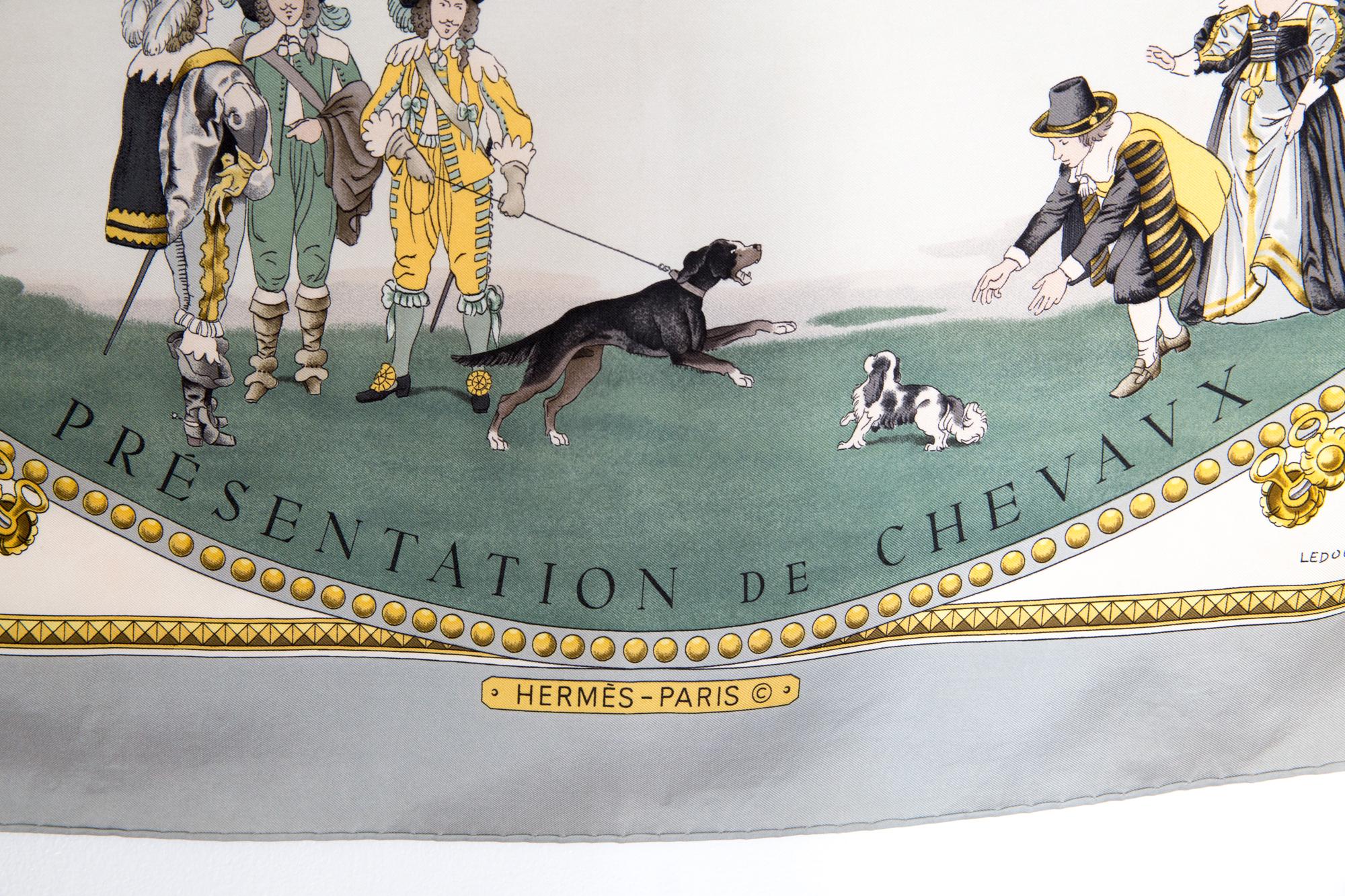 Beige Hermes 1642 Presentation de Chevaux by Philippe Ledoux Silk Scarf For Sale