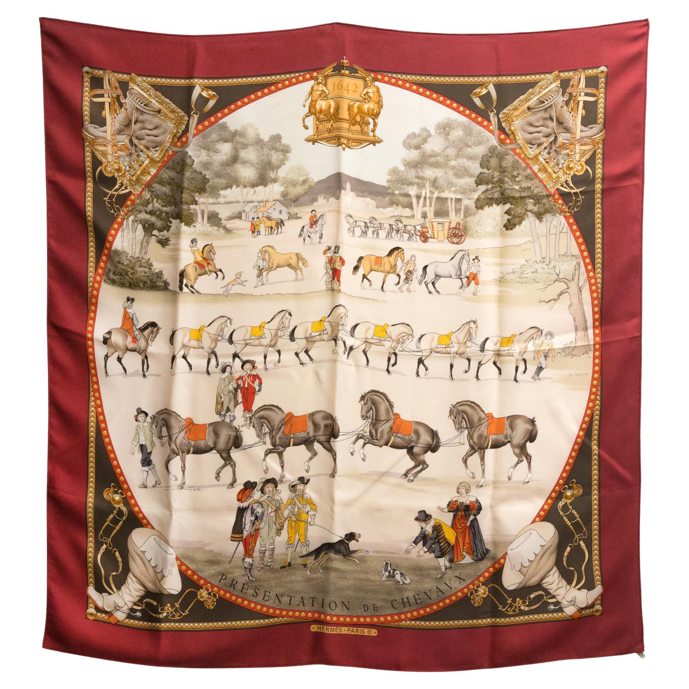 Hermes 1642 Presentation de Chevaux by Philippe Ledoux Silk Scarf For Sale